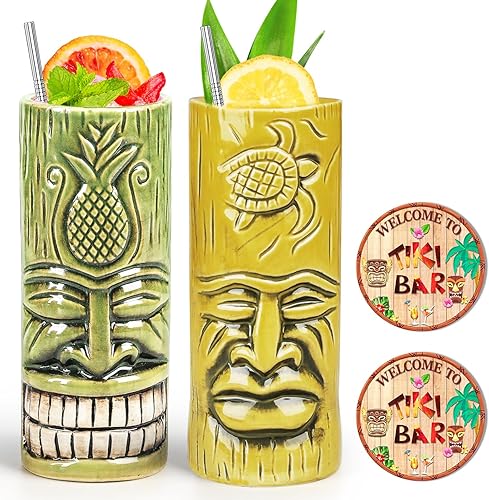 Miniatura 8 de Tiki - Juego de 2 tazas Tiki con posavasos de cerámica Tiki tazas de 15 onzas hechas a mano, diseño único, perfecto para fiestas hawaianas