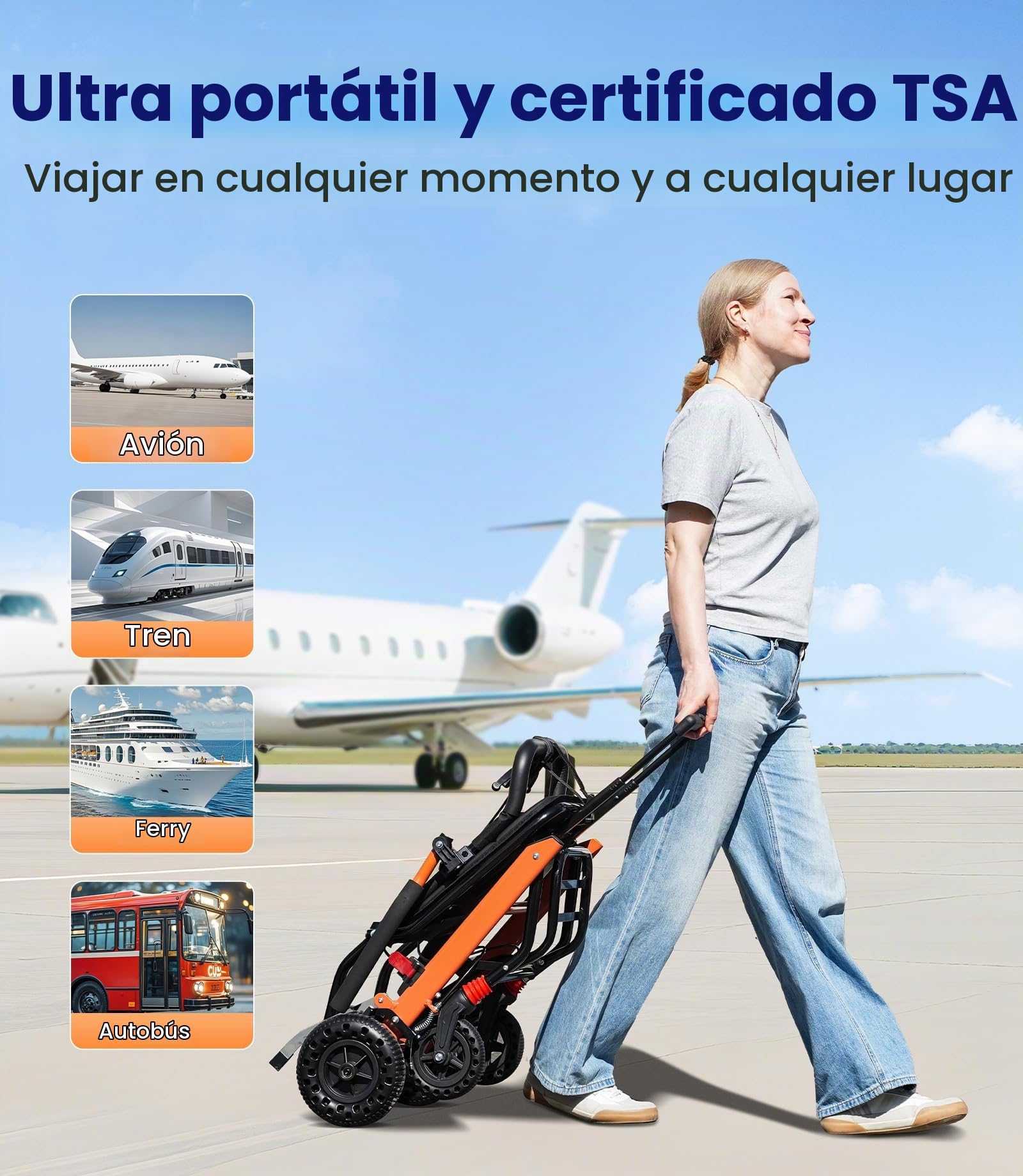 VOCIC U41 Silla de Ruedas Plegable Ultraligera 8.6KG | Silla ruedas transporte viaje en avión,neumáticos panal 20CM todo terreno,aluminio compacta 51CM (Naranja)