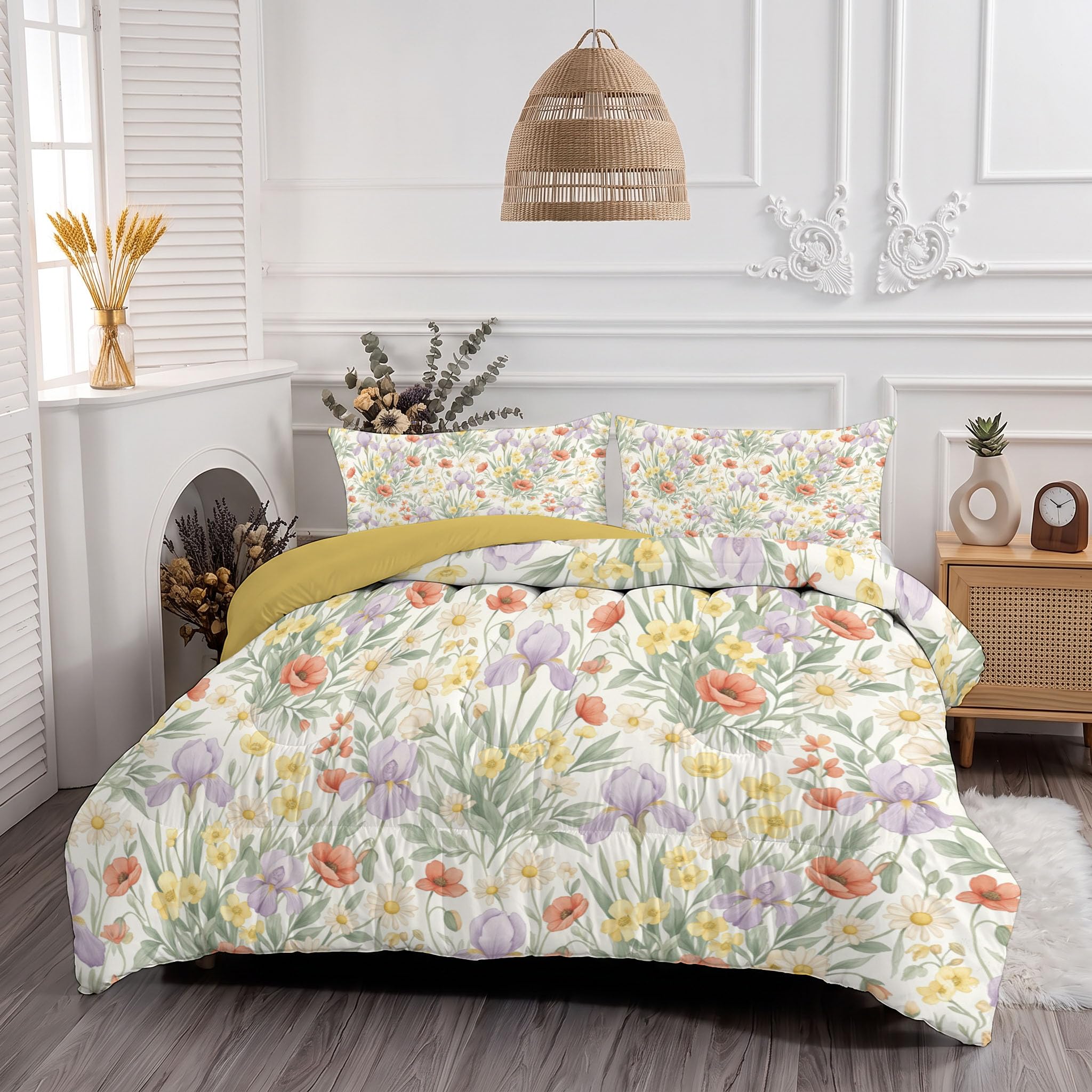 Trapunta Semplici Fiori Di Papavero Prato, Piumino Singolo 4 Stagioni | 140X200 Cm Con Federa 50X80, Piumone Leggero In Microfibra, Trapunta Reversibile Piante Rurali Ad Acquerello, Beige