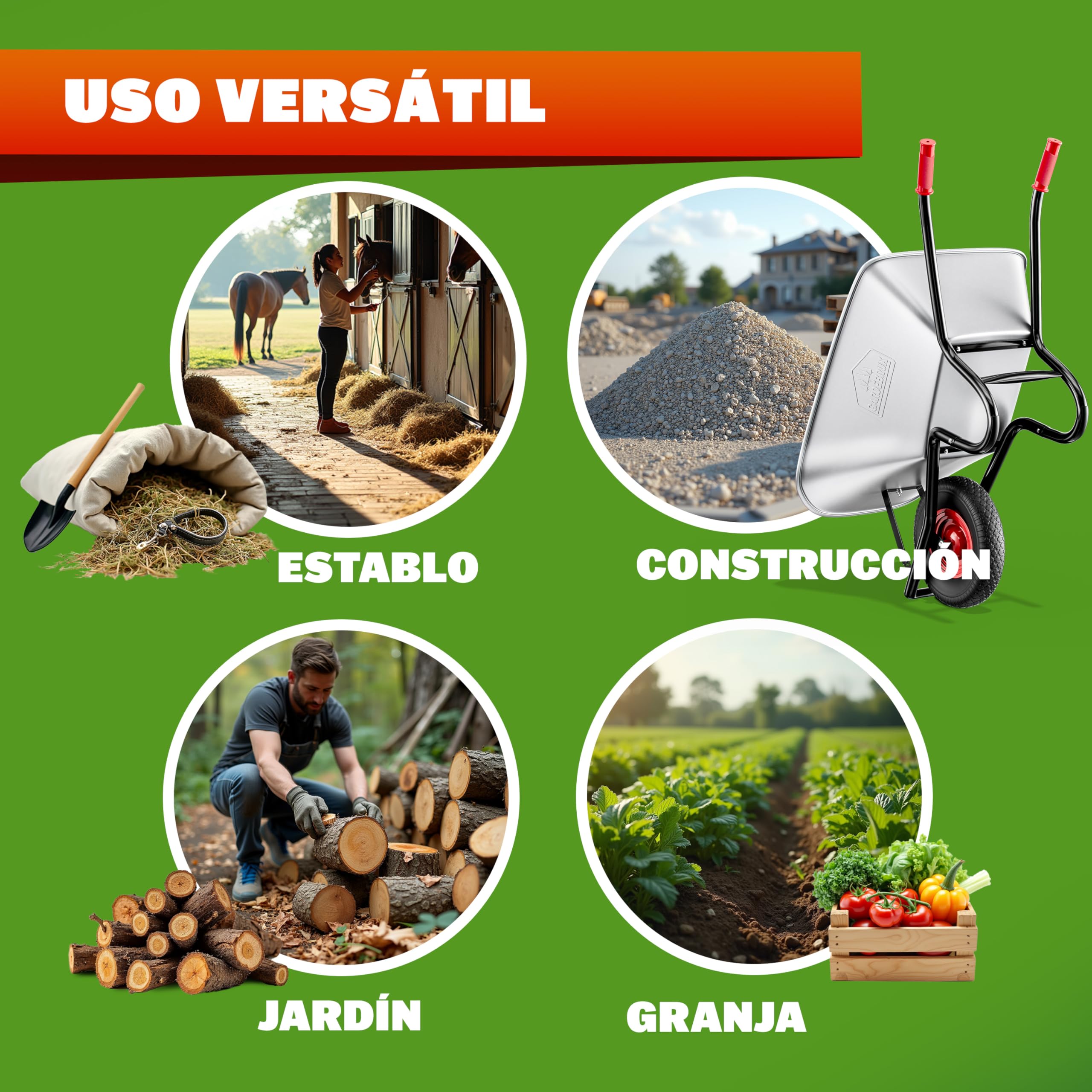 GARDEBRUK® Carretilla de Obra 100 L Capacidad Carga 250 Kg Acero galvanizado Rueda 40 cm Resistente Llanta Acero Herramienta Jardinería Construcción
