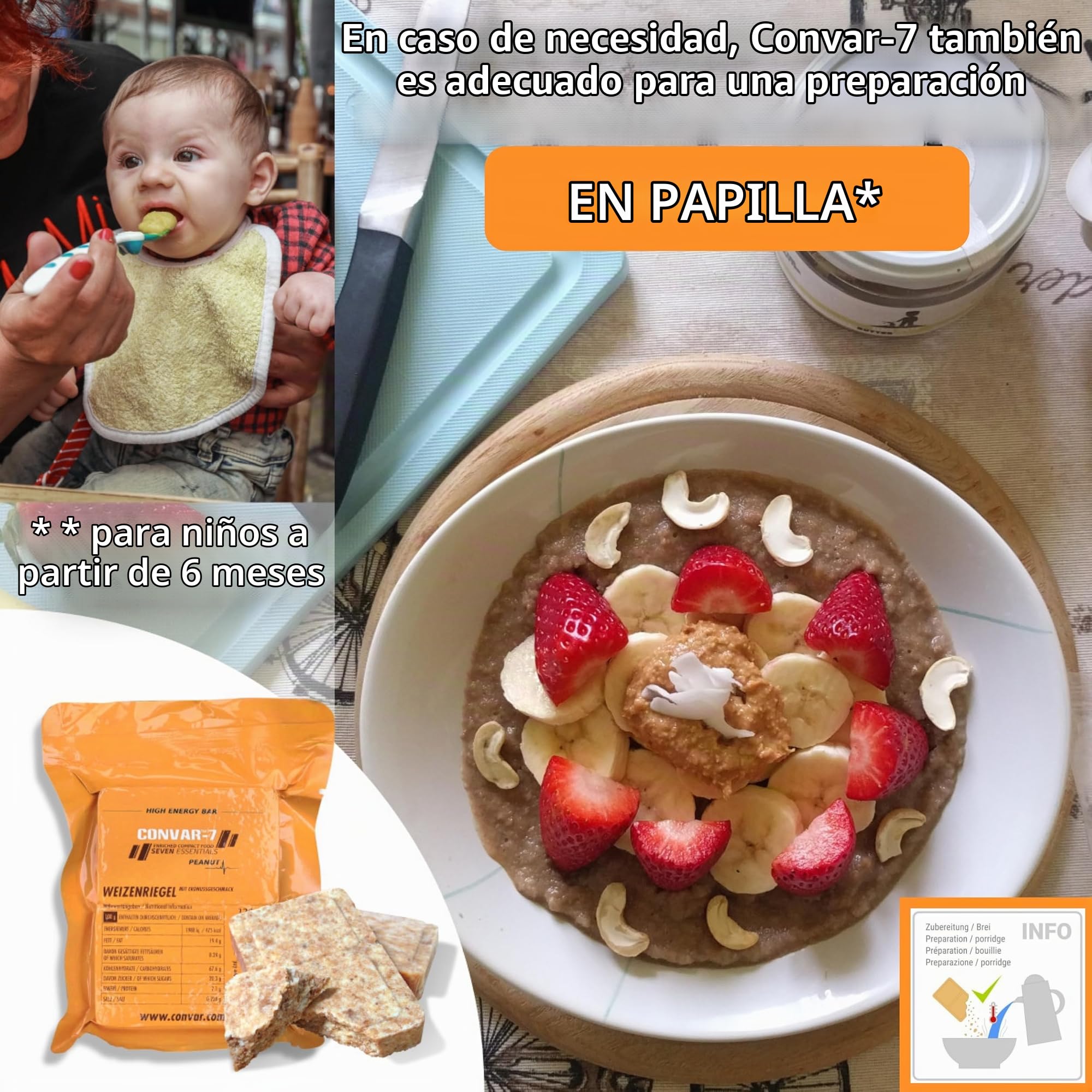 CONVAR-7 Pack Barrita energética de cacahuete, para actividades deportivas y al aire libre, comida de emergencia, ración de supervivencia. Sabor a cacahuete, envase compacto y larga conservación.