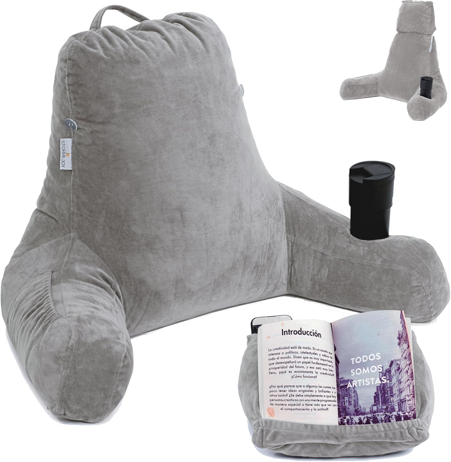 XL Reading Pillows for Sitting in Bed Adult – Memory Foam Backrest with Arms, Cup Holder & Detachable Cushion – Supportive Book Pillow for Relaxing, Watching TV, or Gaming - Light Grey