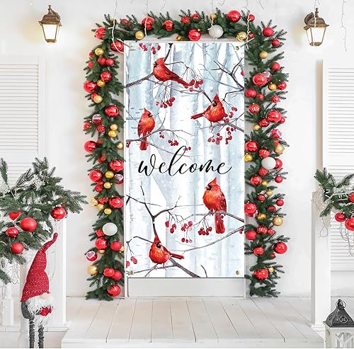 Miniatura 4 de Welcome Winter Cardinal - Cubierta de puerta navideña para exteriores, pinos, pájaros cardenales rojos, decoración al aire libre, 3 x 5 pies,