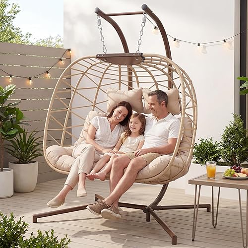 NICESOUL Silla doble para interiores y exteriores, columpio de gran tamaño para 2 personas con soporte, sofá biplaza grande de mimbre para todo tipo