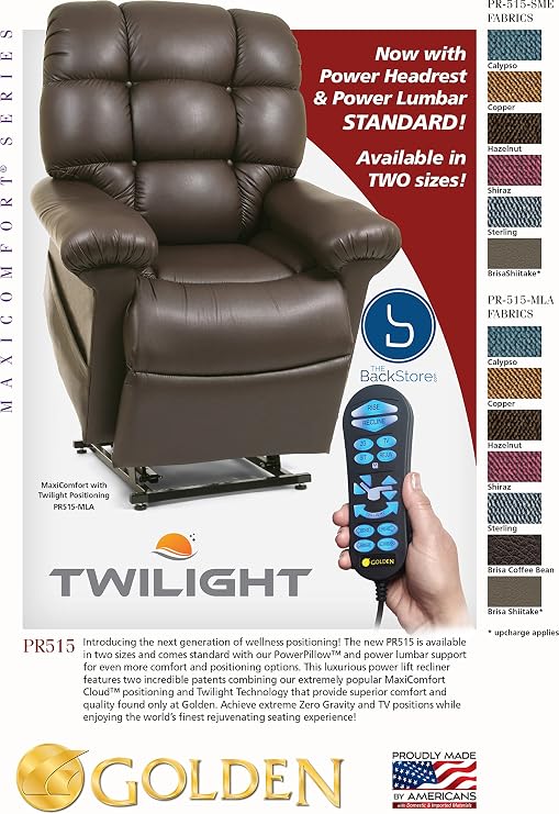 Golden Technologies MaxiComfort Cloud with Twilight PR515-MLA PR-515 Medium Large 375 lb. Weight Capacity 5 Zone Infinite Position Power Lift Chair Recliner - Brisa Coffee Bean Ultra Leather Fabric