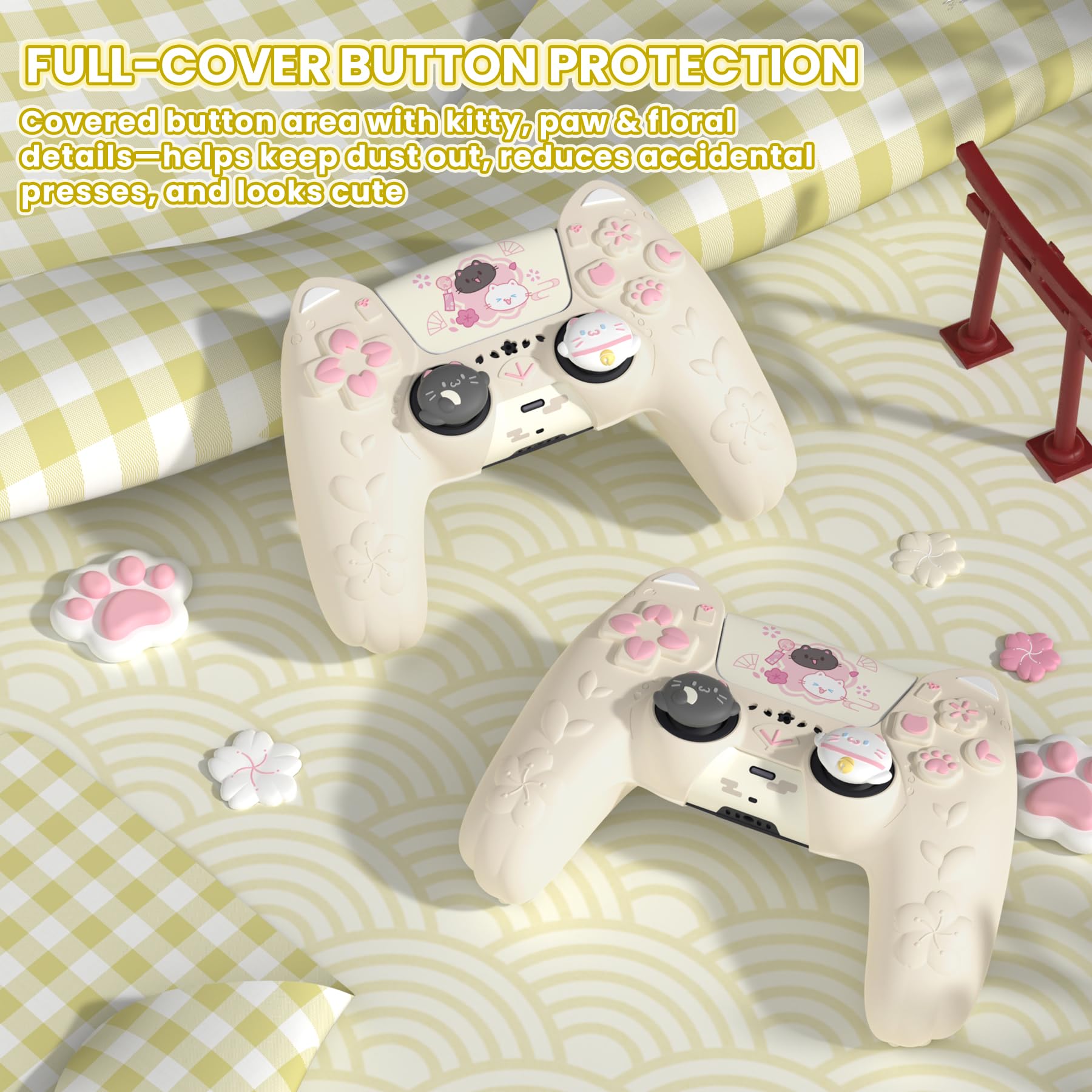 PlayVital Hülle für PS5 Controller, Kätzchen Serie Süße Schutzhülle für PS5 mit 3D Katzenohren, Daumengriff & Aufkleber, Kompatibel mit Ladestation, Anti-Rutsch, Antikgelb