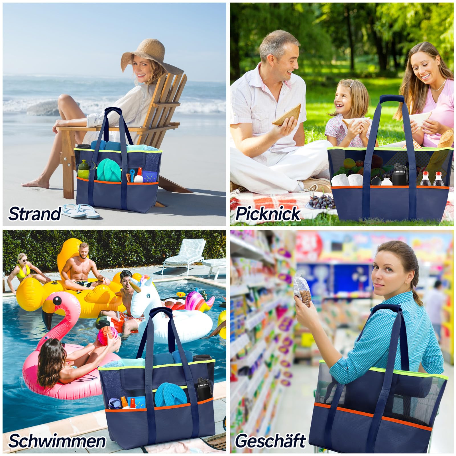 Torba plażowa XXL, torba plażowa z zamkiem błyskawicznym, torba na zakupy, damska duża torba łazienkowa, na podróż, zakupy i na co dzień, niebieski, l