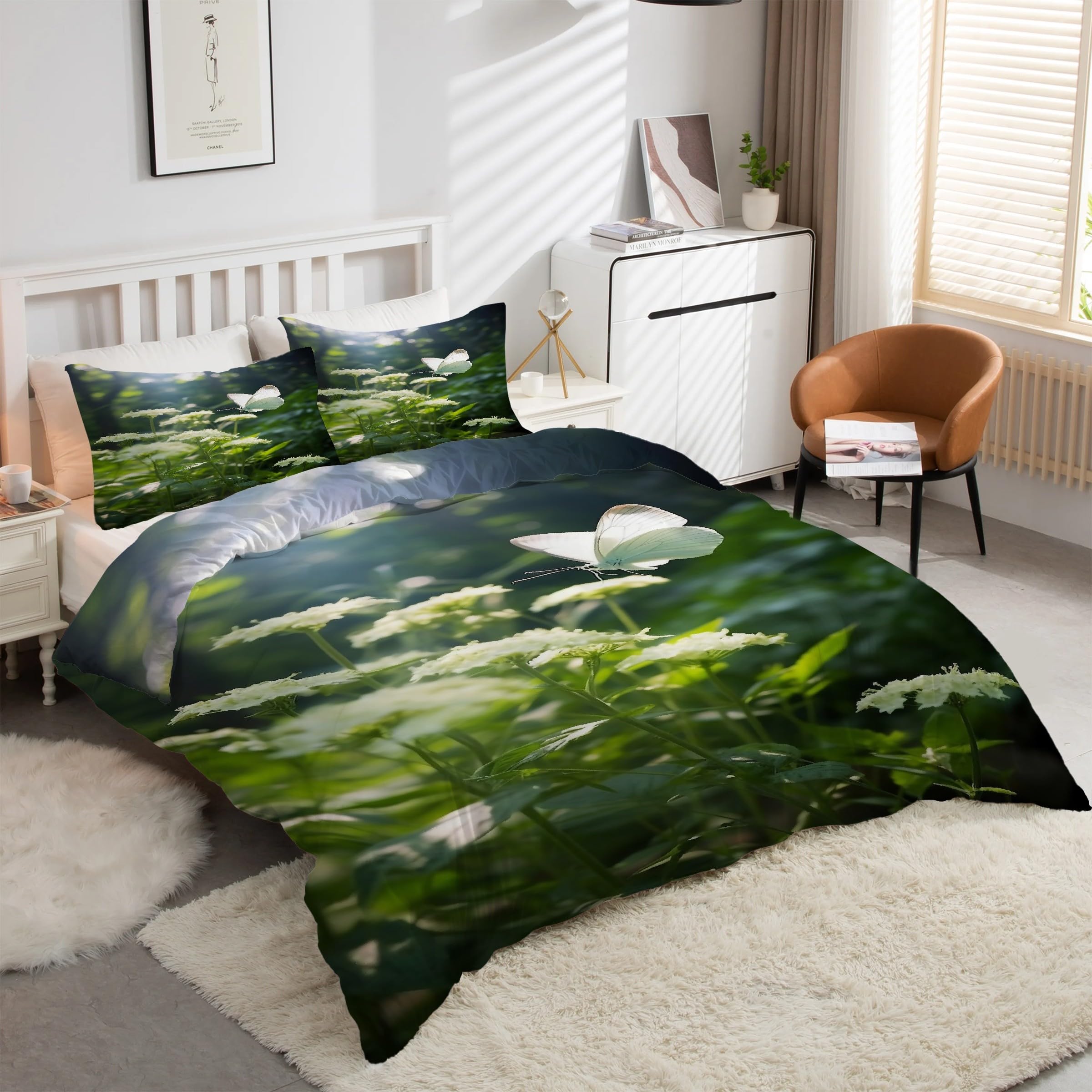 Housse de couette 200x200 feuilles vertes avec 2 taies d'oreiller microfibre