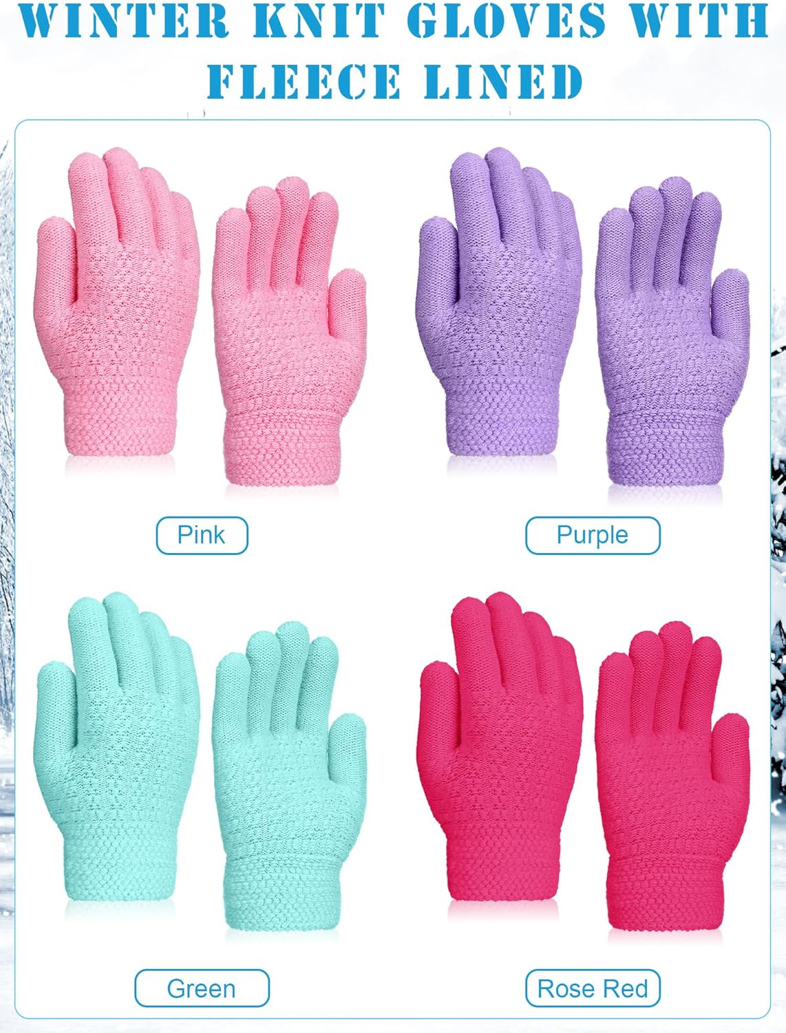 Chuarry 4 Pairs Kids Fleece Lined Gloves Winter Warm Knit Gloves for Girls Boys Cold Weather Supplies, 6-10 Years - Image 5