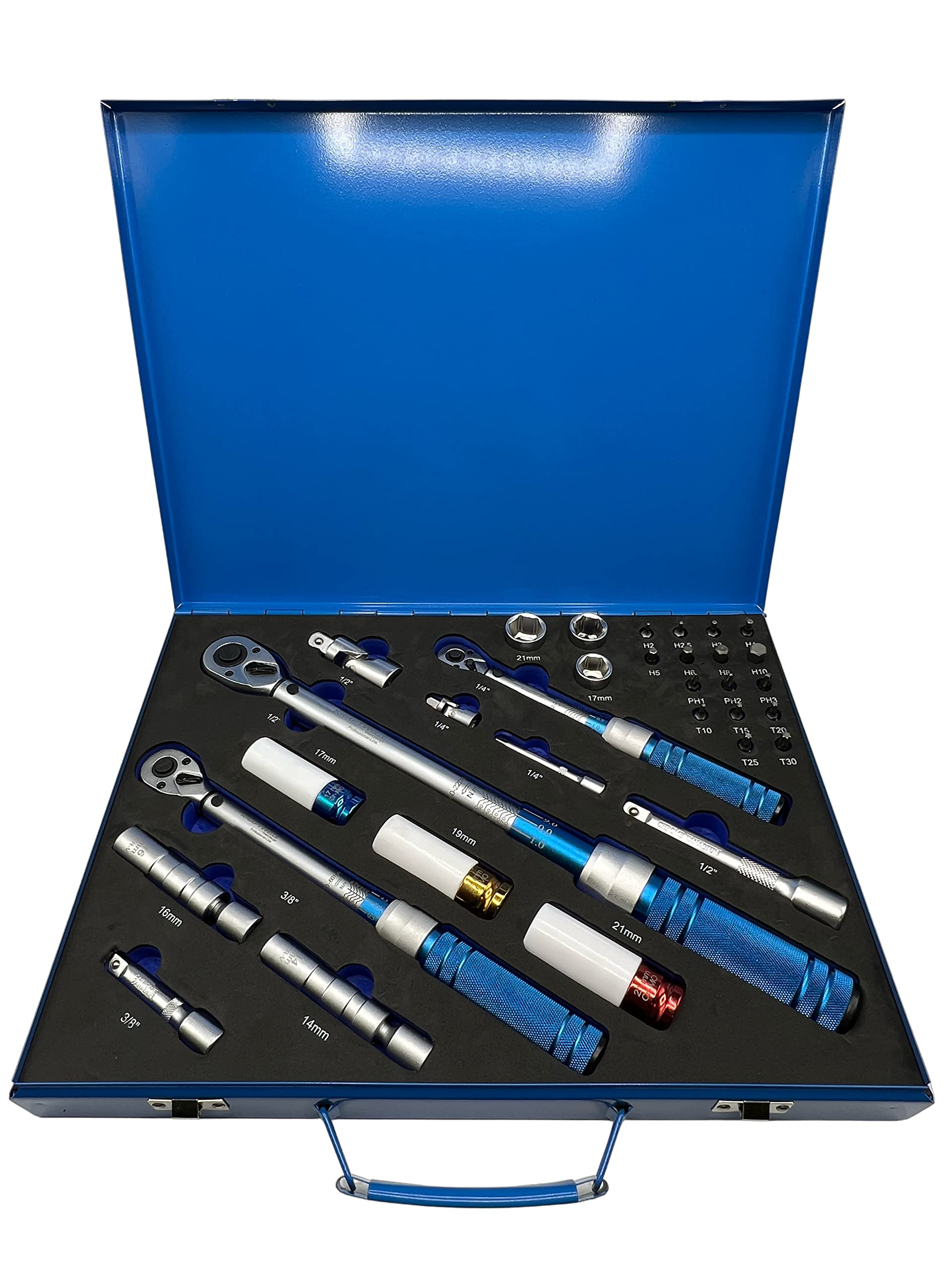 Kraftwelle Set di chiavi dinamometriche professionali da 32 pezzi, include cricchetto reversibile da 1/4, 3/8, 1/2" da 2-220 NM, cricchetto a denti fini, con bussola e set di punte