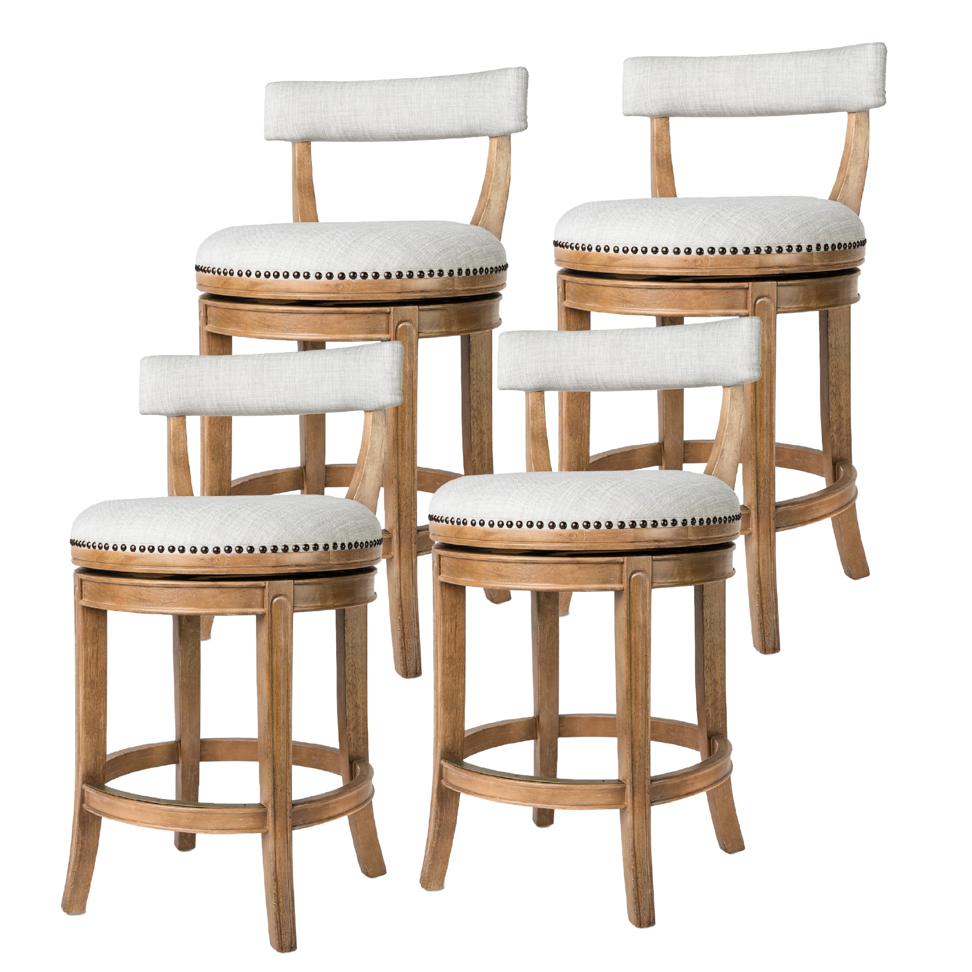 Maven Lane Alexander Counter Stools – Set of 4 – 26 Inches – Swivel Stools with Footrests – Brown Solid Wood and Natural Fabric Upholstery – Perfect