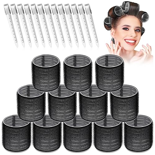Juego de 24 rulos jumbo con 12 rodillos grandes y 12 pinzas para el cabello para un volumen largo y mediano (negro)