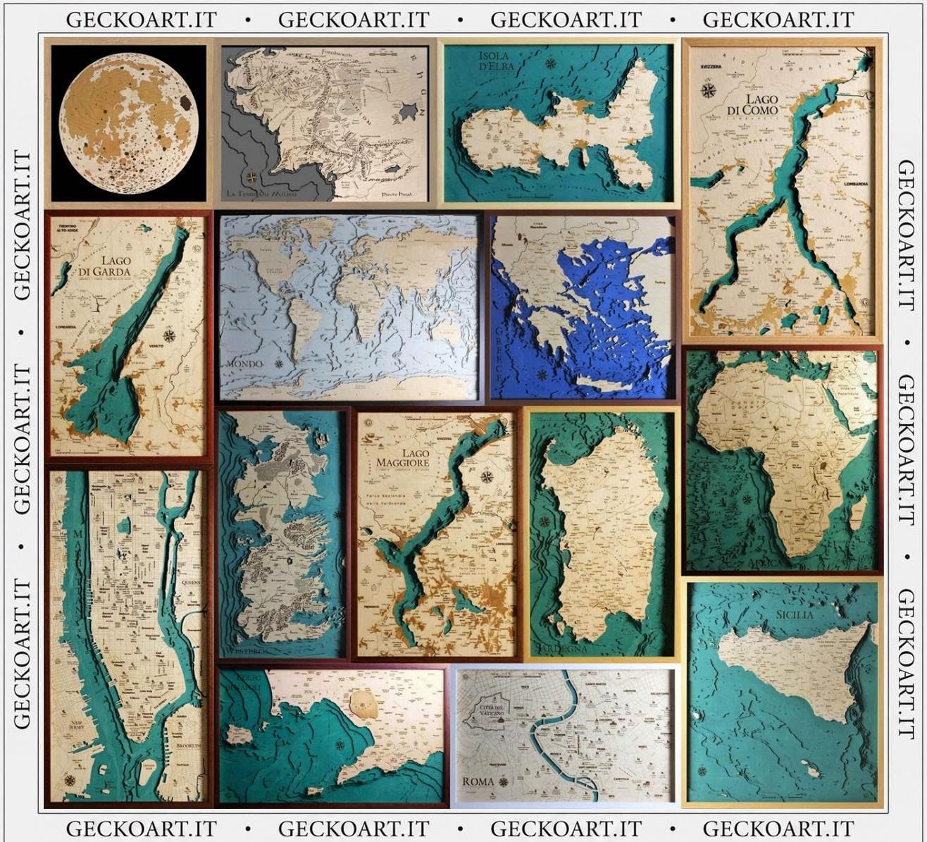 Geckoart.it - Mapa de América del Norte 3D de madera, cuadro de pared, 67 x
