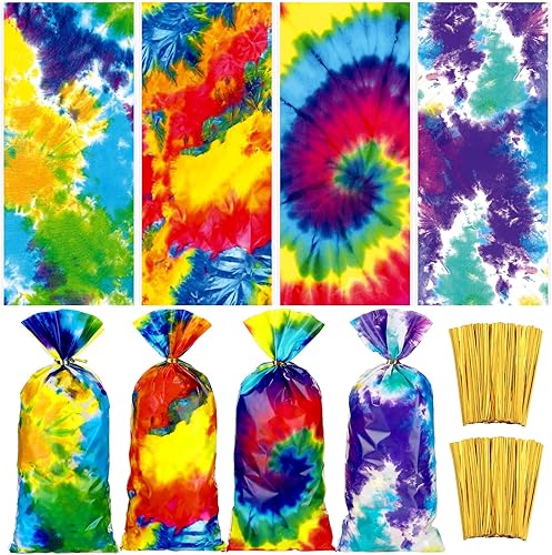Eaasty 120 bolsas de regalo de fiesta de teñido anudado con temática de teñido anudado, bolsa de plástico para dulces con 150 lazos dorados