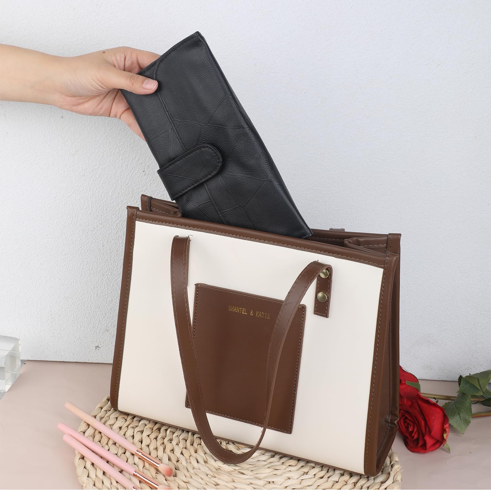 JJUNW Schwarz Reise Make-up Pinsel Tasche, Make-up Pinsel Roll Up Organizer Tasche, PU Leder Make-up Pinsel Fall Kosmetiktaschen Halter für Frauen kann 12 Tasche Kosmetik Pinsel halten