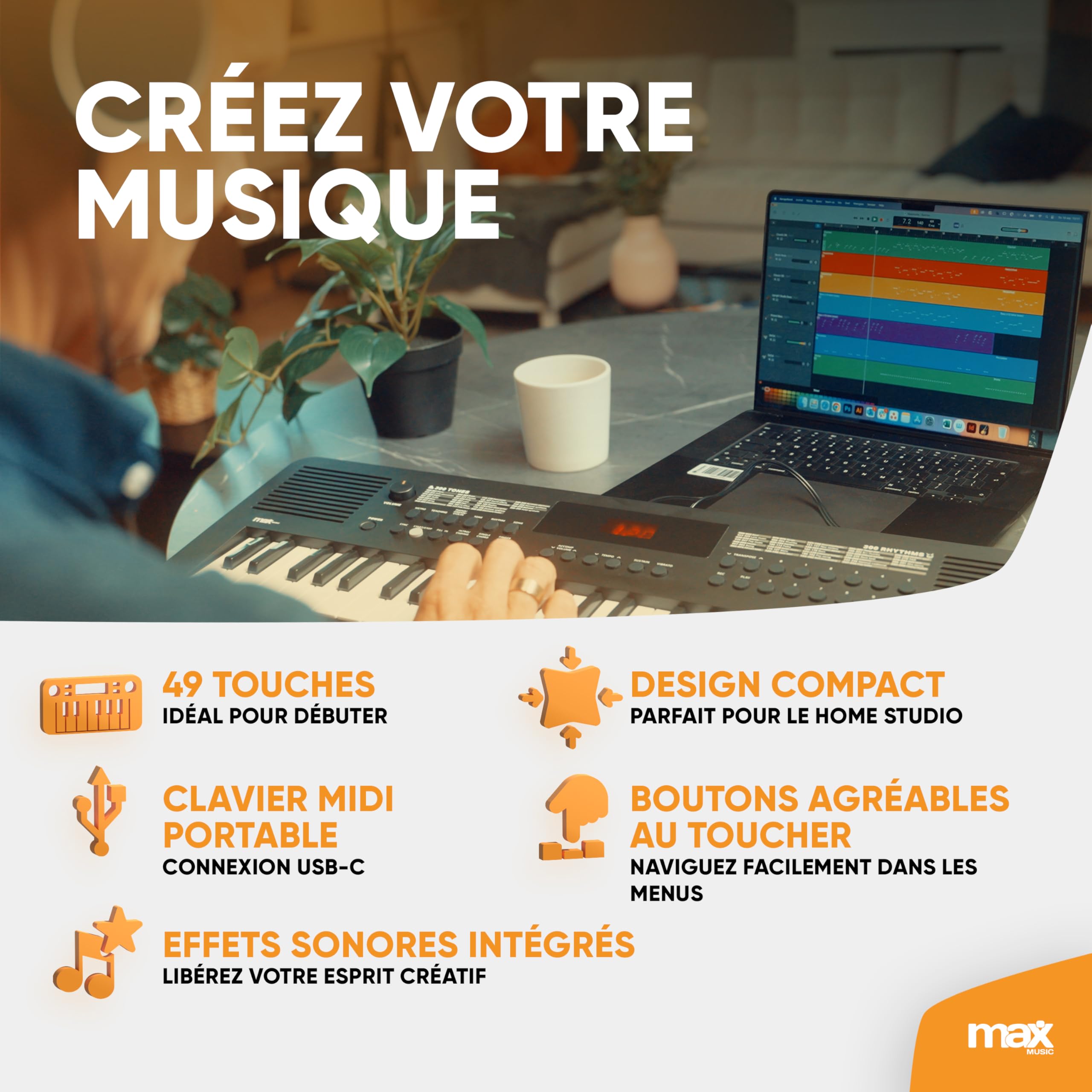 Max Rhapsody49 Clavier MIDI Électronique, 49 Touches, 300 Timbres, 300 Rythmes, Alimentation USB-C, Deux Haut-Parleurs Intégrés, Idéal pour les Producteurs de Musique et Home Studio
