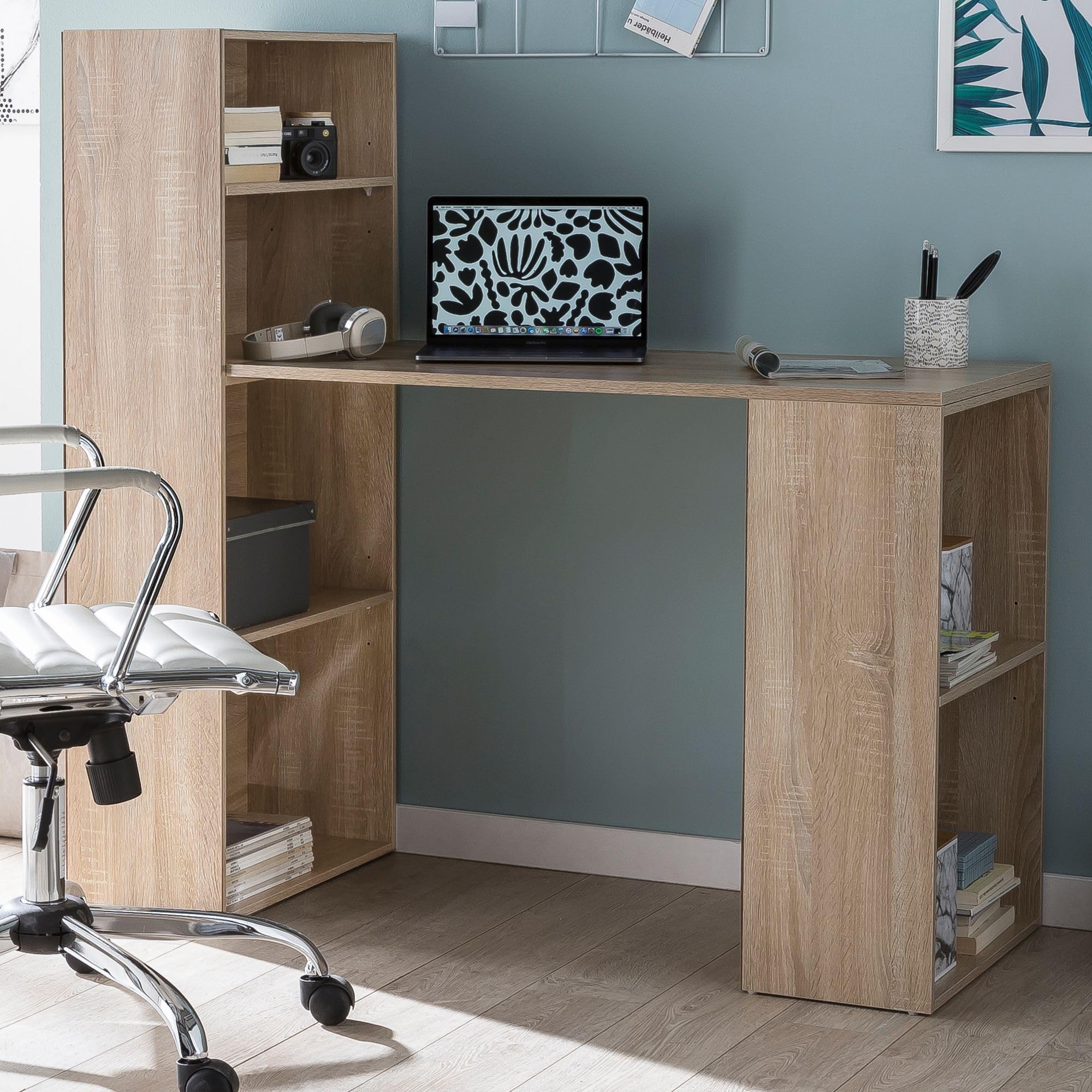 FineBuy Biurko z Regałem 120x53x120 cm Drewno, Biurko Komputerowe | zestaw biurkowy ze schowkami, PC stół ze schowkiem, biurko do gabinet i pokój młodzieżowy