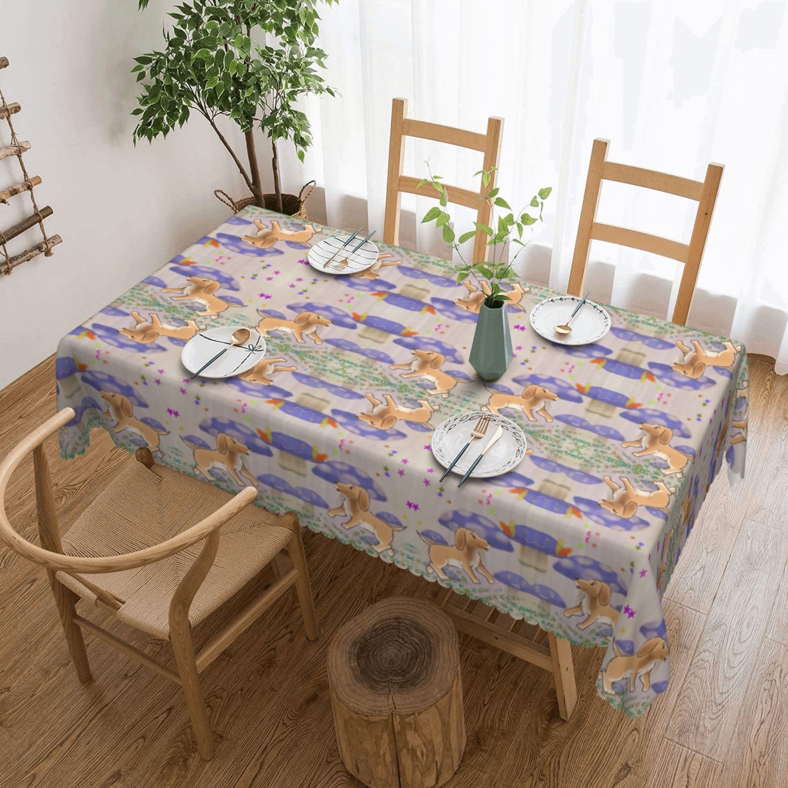 QAZWZML Cartoon mushroom with dog Printed tablecloth, made of thick polyester with lace trim, suitable for dining rooms, picnics, and weddings