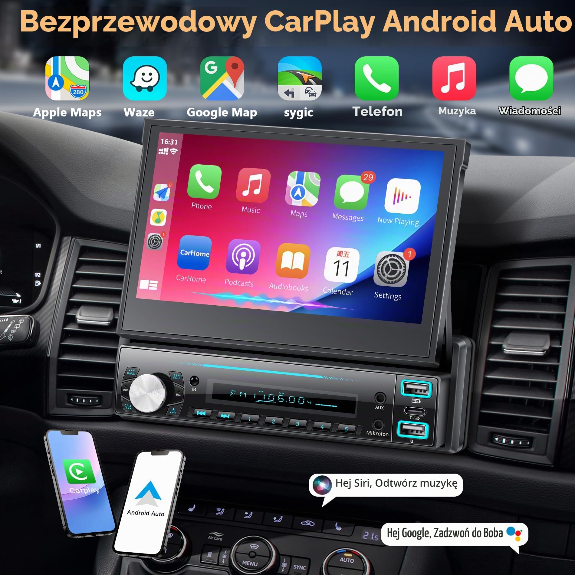 Radio samochodowe 1 DIN z ekranem z funkcją Carplay Wireless i Android Auto, 7-calowy ekran dotykowy Stereo Auto, łącze lustra, FM/AUX/EQ, mikrofon, kamera zapasowa