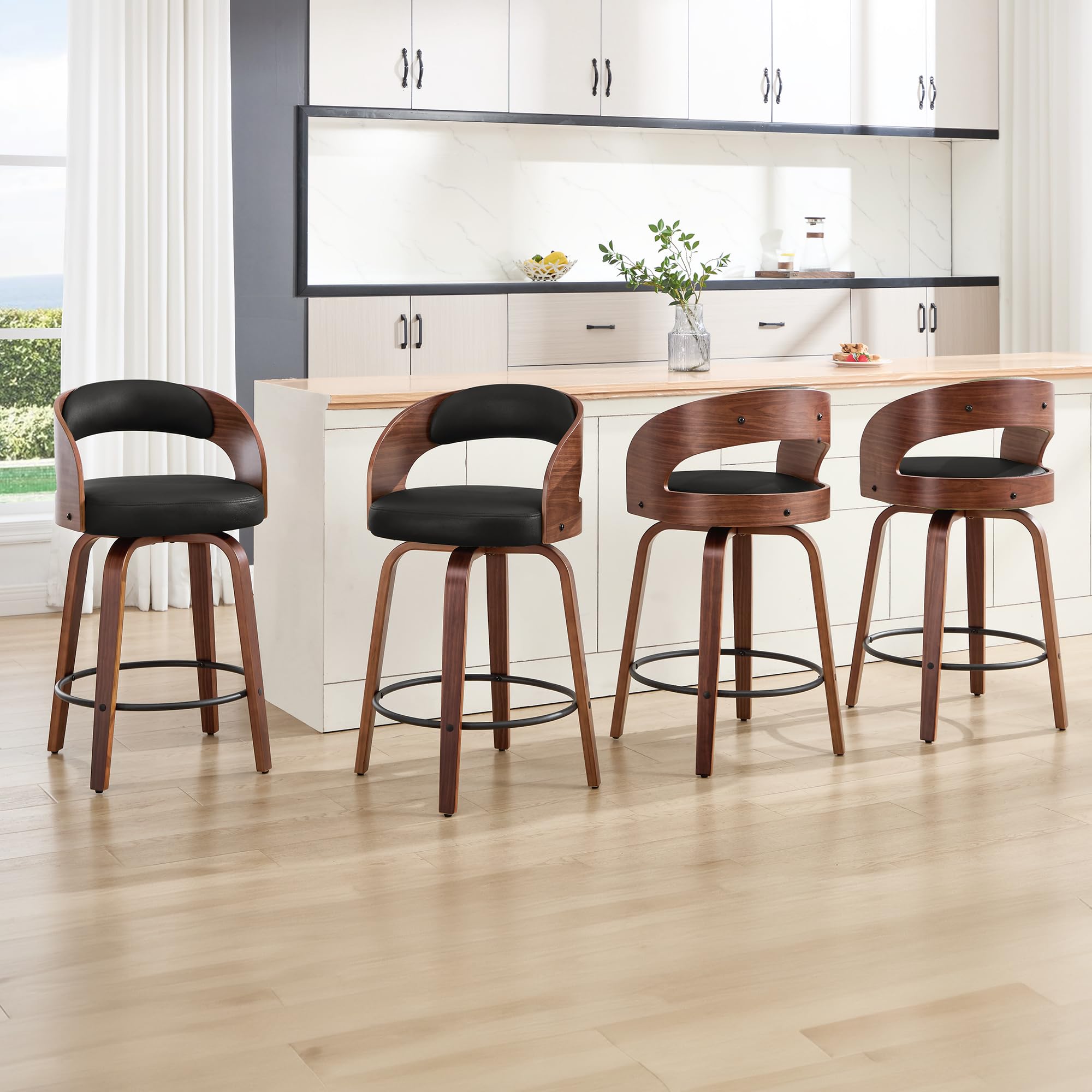 Swivel Bar Stools Set of 4,26" Faux Leather Upholstered Counter Height Barstools with Back,Mid-Century Modern Bar Chairs with Bentwood Legs and Footrest for Kitchen Island Bar Counter Black