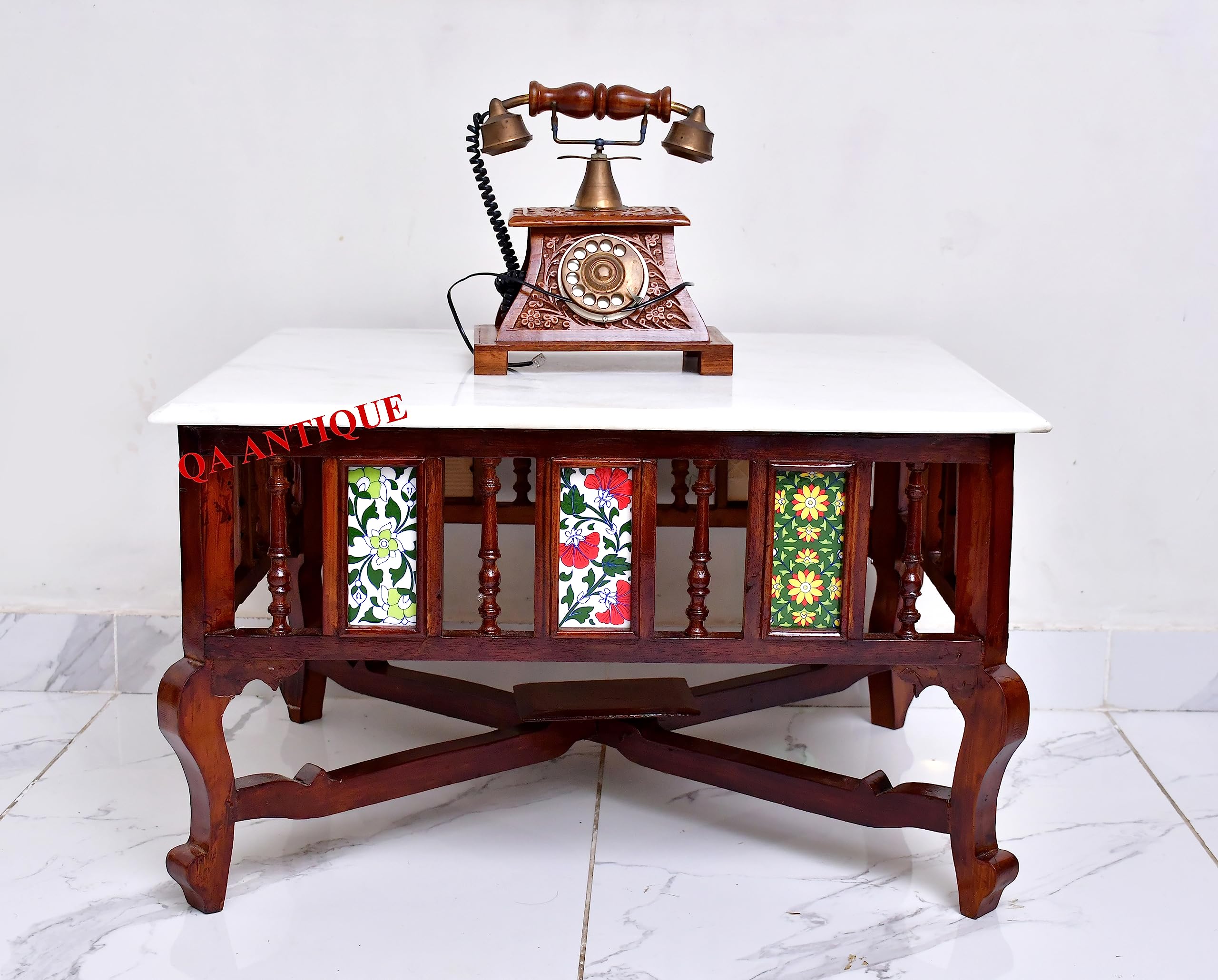 QA Antique Look Traditional Rectangle Shape Coffee Table/Center Table Solid Teak Wood with Marble Top, Lacquer Finish Honey Brown Size: 18x30x24 inch