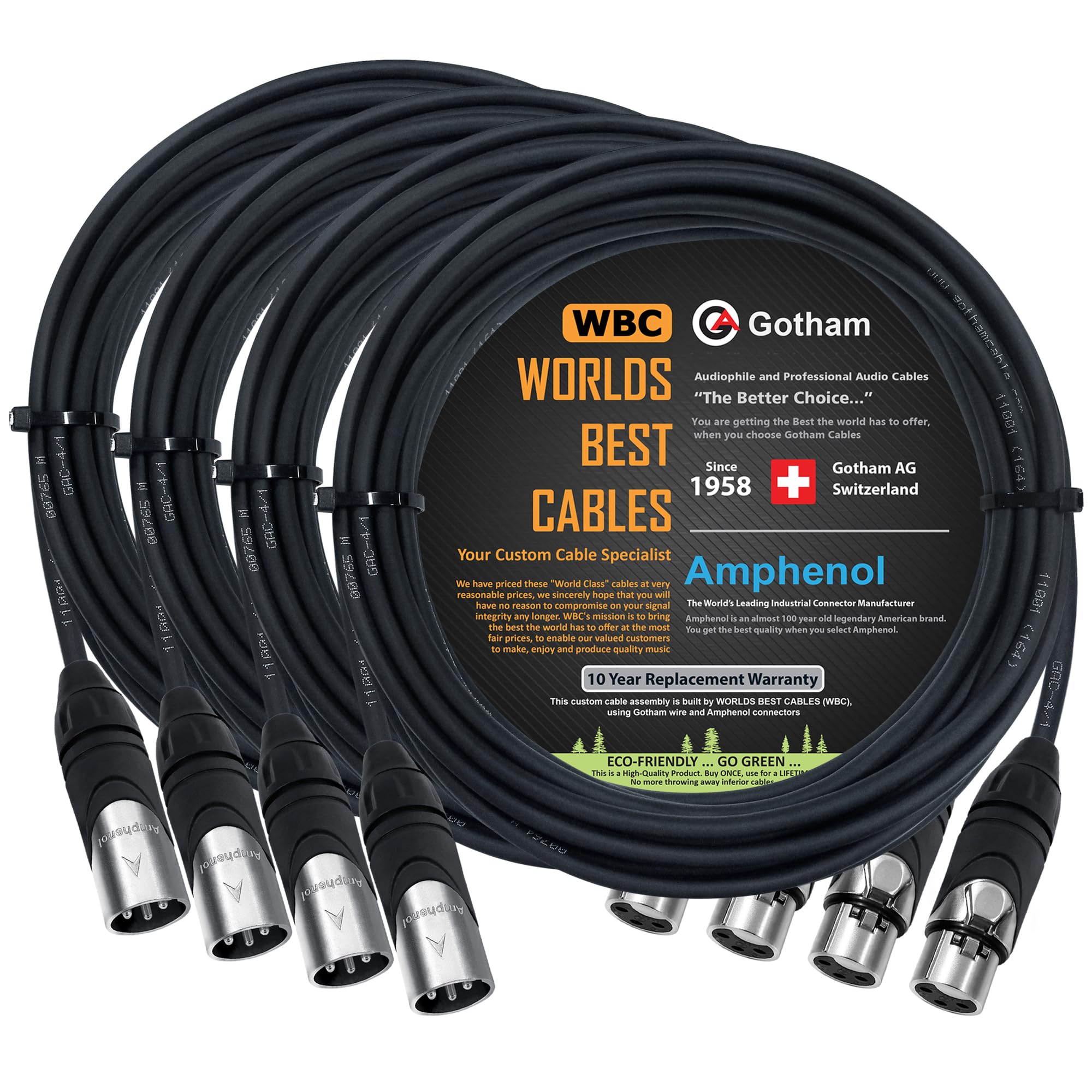 Cable de micrófono Gotham GAC-4/1 (negro) - Star Quad, doble blindado balanceado macho a hembra con conectores AX3M y AX3F Silver XLR – Hecho a medida por WORLDS BEST CABLES