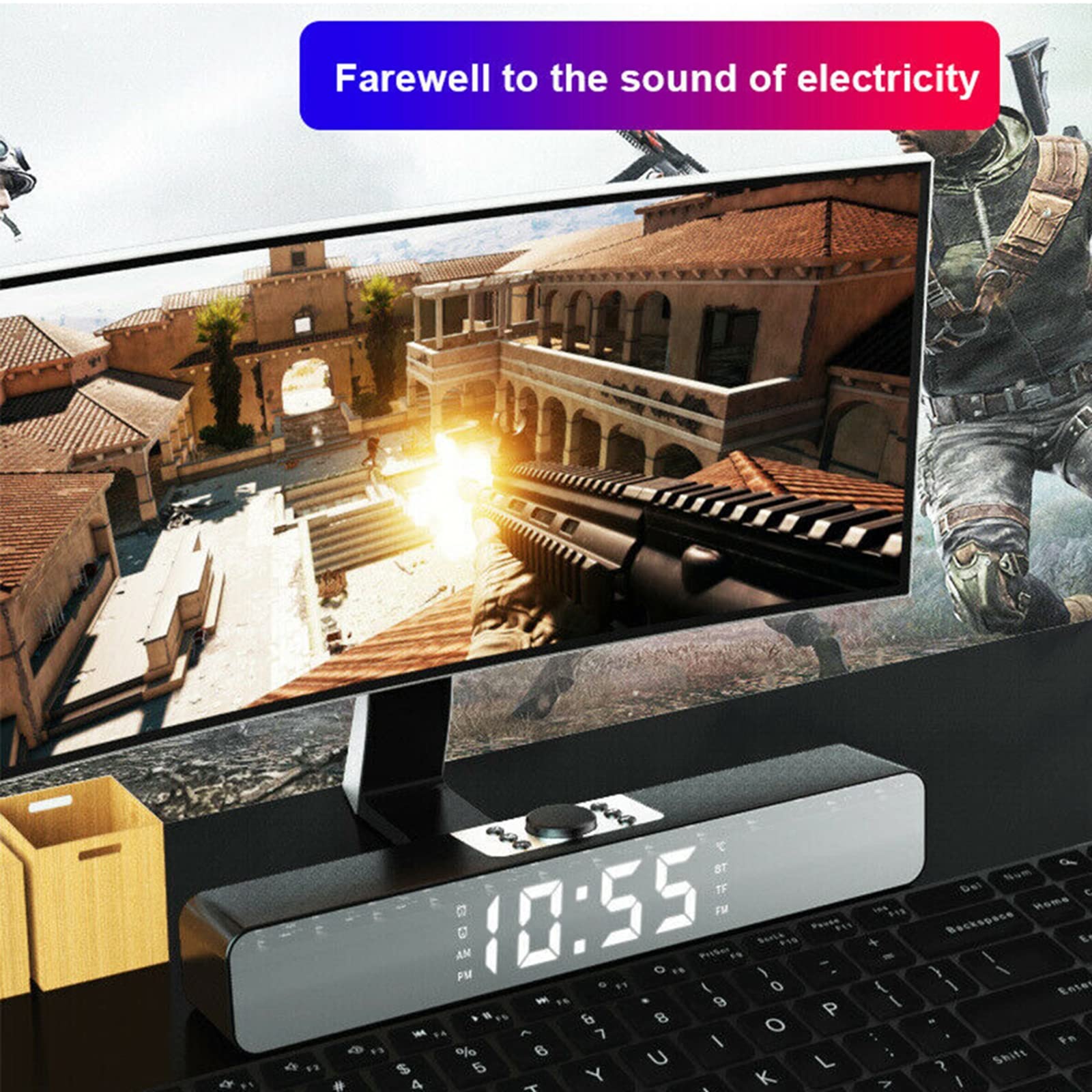 Reloj despertador con barra de sonido con Bluetooth, radio FM, subwoofer inalámbrico, pantalla LED para cine en casa y TV