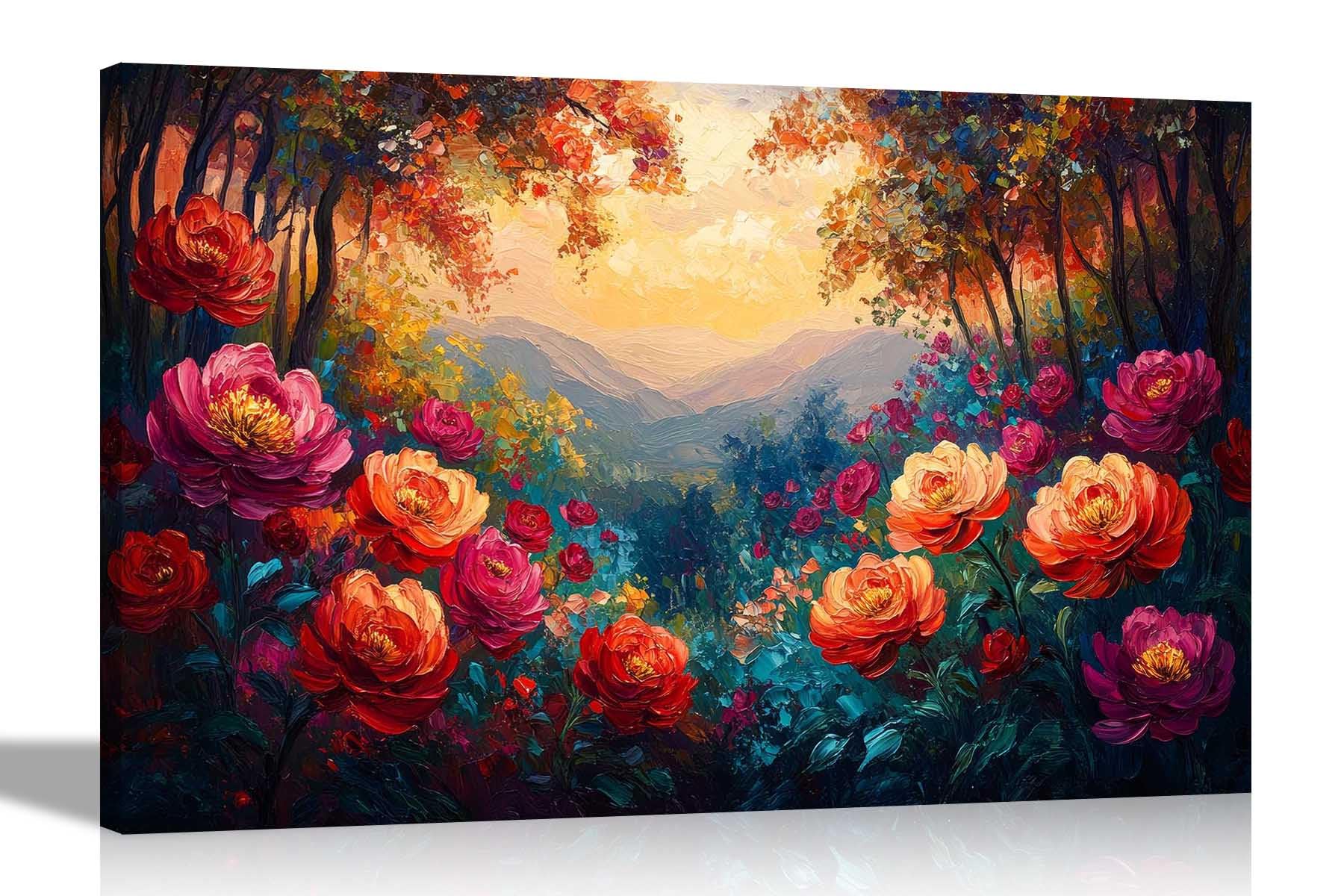 Artley Prints - Abstract Peony Flowers Mountain Landscape Colourful Canvas Wall Pictures For Bedroom Hallway Living Room Prints Décor 60 x 40cm (24 x 16 inches) A2