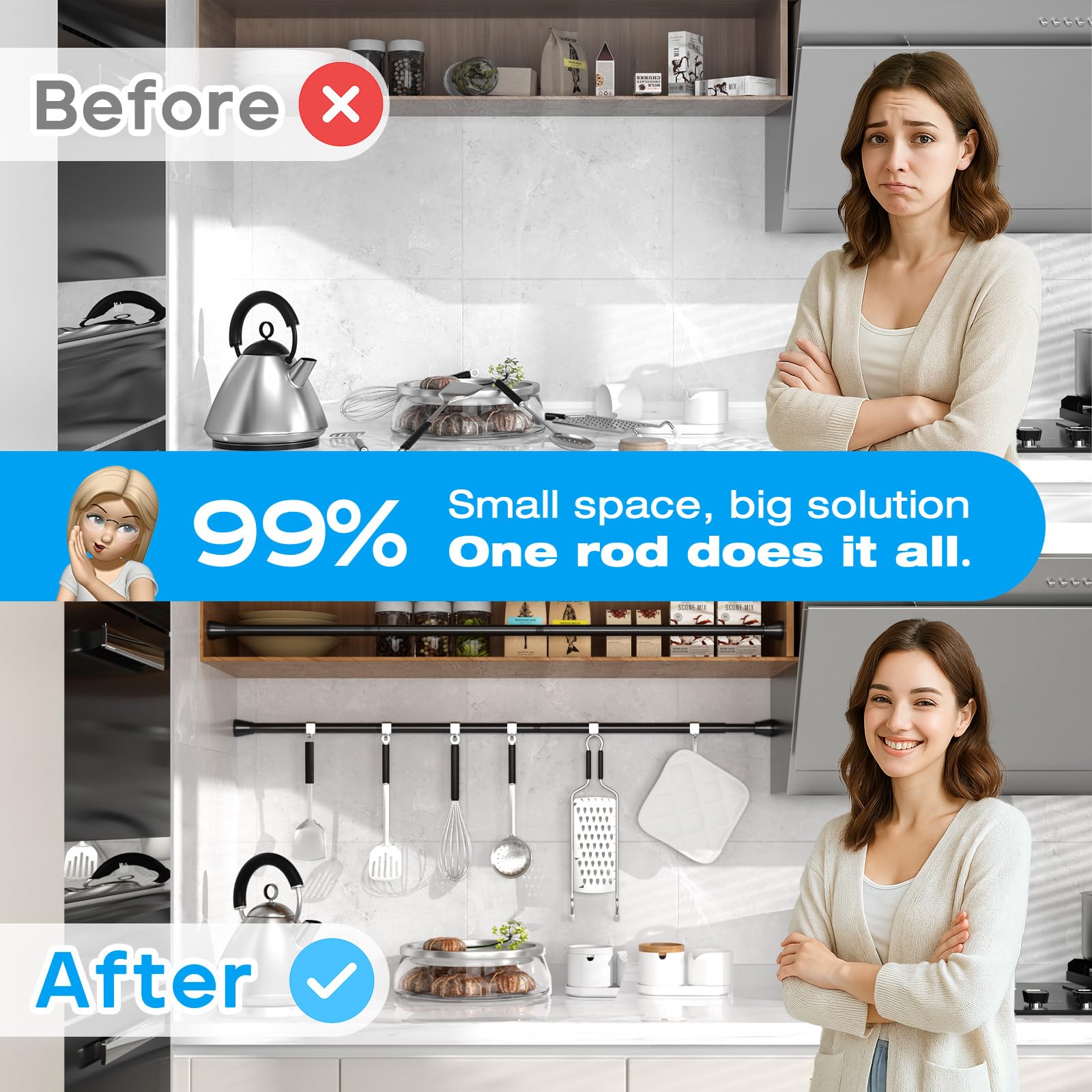 Tringle à rideaux extensible et réglable de 71 à 122 cm, sans perçage, à ressort – Tringle à rideaux à ressort pour fenêtres, salle de bain, placard, cuisine, chambre à coucher, porte d'entrée – Noir