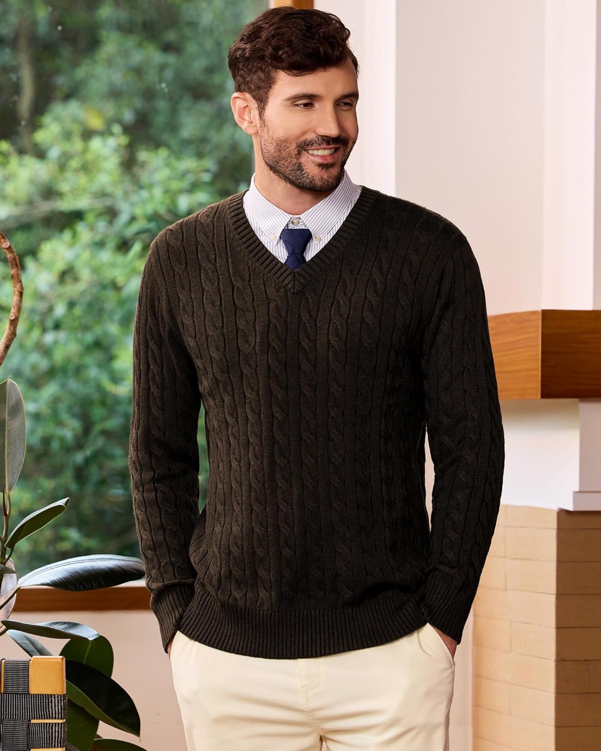 Kallspin Mens V Neck Sweater Wool Blend Cable Knit Pullover Long Sleeve Casual Business Winter Fall Knitwear - Image 2