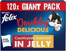 FELIX Doubly Delicious Adult Wet Cat Food Countryside Selection in Jelly Beef, Poultry, Chicken, Kidney, Lamb, Turkey, Liver 120 x 85g Pouches