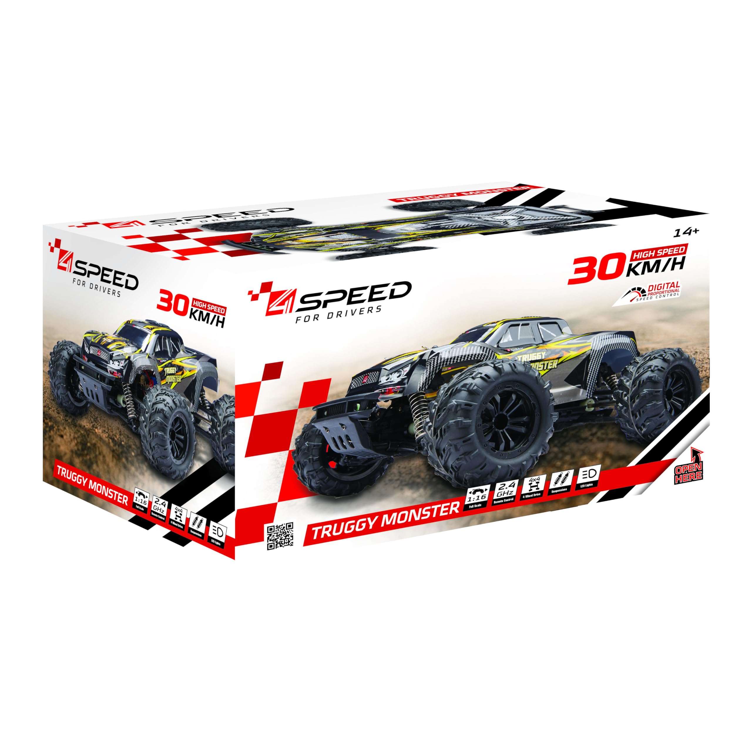 4Speed - Truggy Monster 1:16 – Truggy Teledirigido hasta 30 km/h – Ruedas Antivuelco – Suspensiones Delantera/Trasera – 2,4 GHz – Batería Incluida – Juguete RC Infantil Interior/Exterior