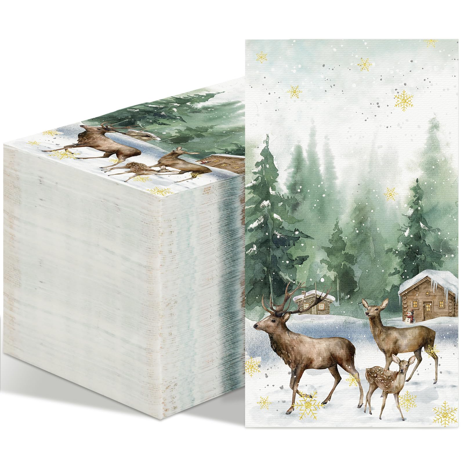 100 Pcs Christmas Disposable Paper Guest Napkins Disposable Hand Towels for Bathroom Watercolor Deer Trees for Seasonal Christmas Winter Holiday Decor