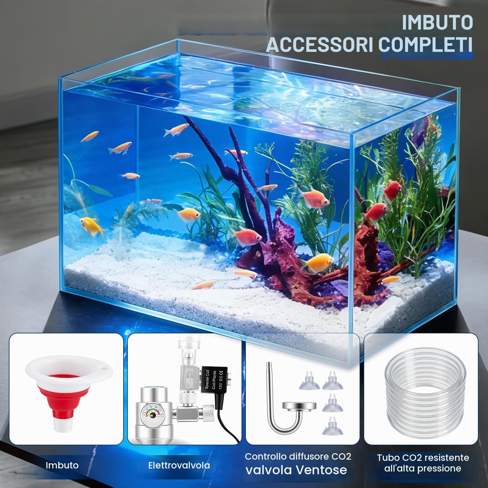 Kit completo per impianto di CO2 da 2 l, per acquario, anidride carbonica, con elettrovalvola, diffusore, contatore di bolle visivo, impianto di CO2, per acquario, piante, serbatoi