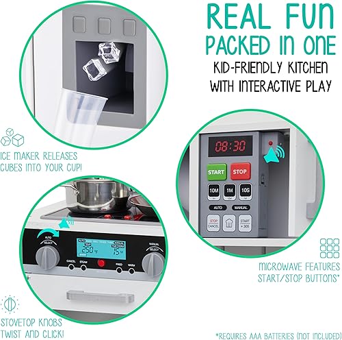 Miniatura 8 de Lil' Jumbl Juego de cocina pequeño blanco para niños, cocina de madera de simulación, incluye campana extractora, microondas, estufa, horno que hace