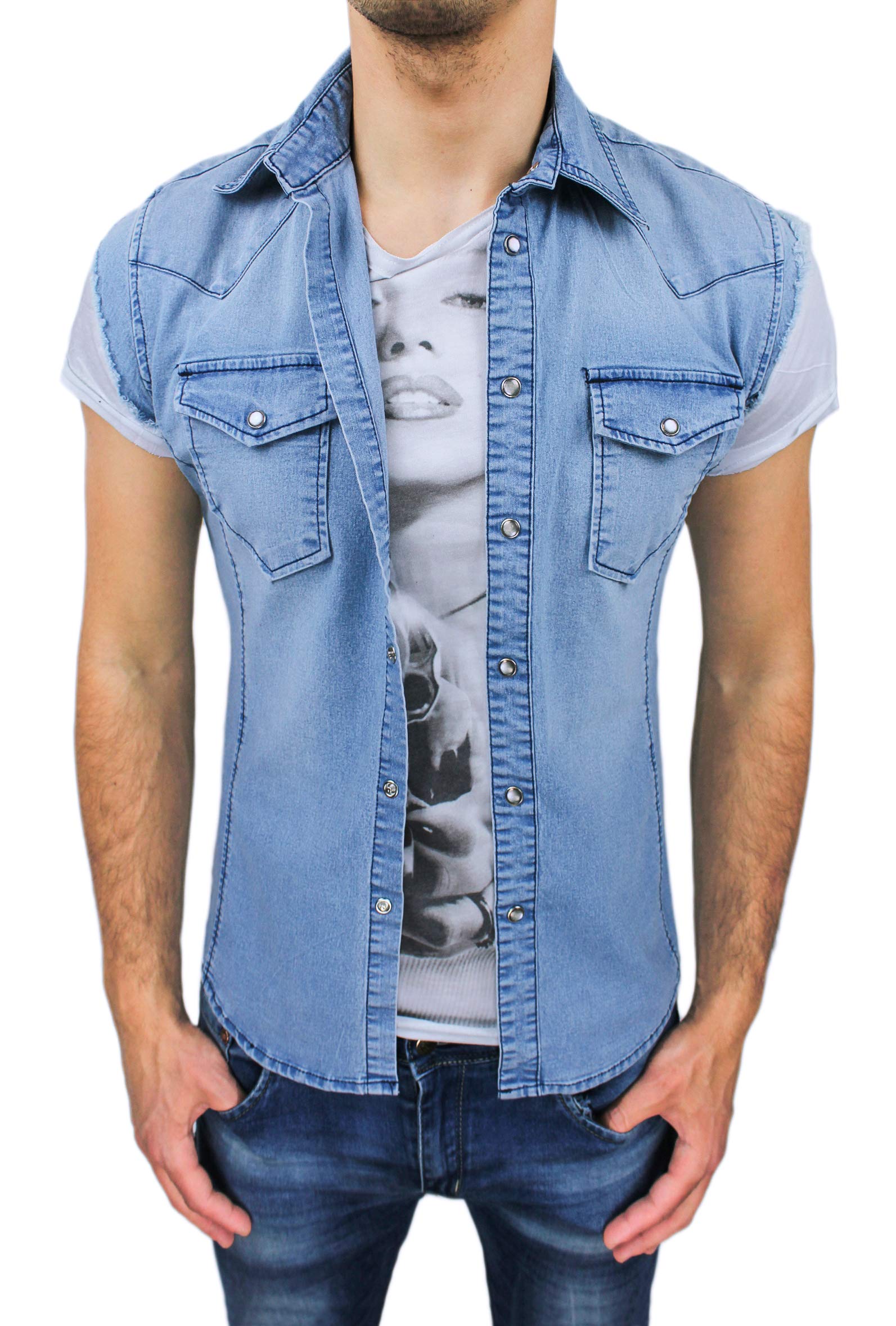 Smanicato Camicia Jeans Uomo Slim Fit Blu Denim Casual Estiva Senza Maniche