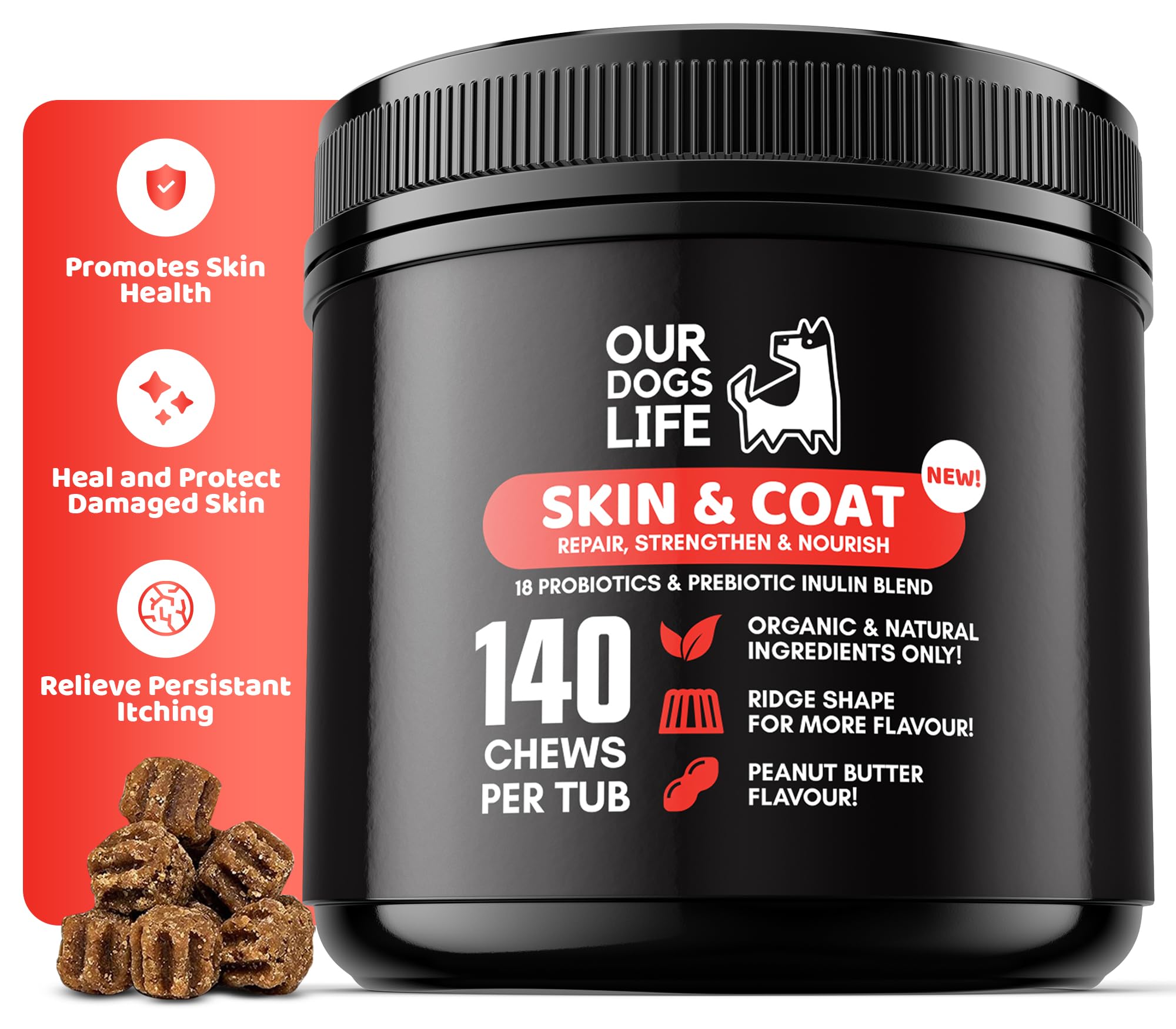 Complément Alimentaire Chien Peau et Pelage | 140 Comprimés | Oméga 3-6, Biotine, Huile de Saumon | Anti-Démangeaisons | Brillance Poil | Toutes Races | DogsLife
