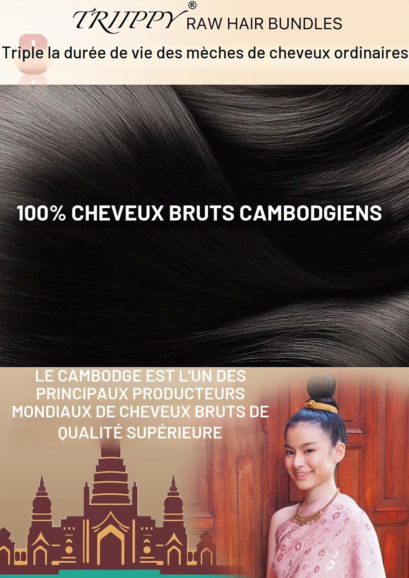 TRIIPPY 100% Mèches Cheveux Raw Humains Cambodgiens Body Wave Noir Naturel, Sans Traitement Chimique, 3 Mèches (16 18 20 Pouces) — Qualité Boutique Moitié Prix, N°1 Marque de Cheveux Raw En Europe
