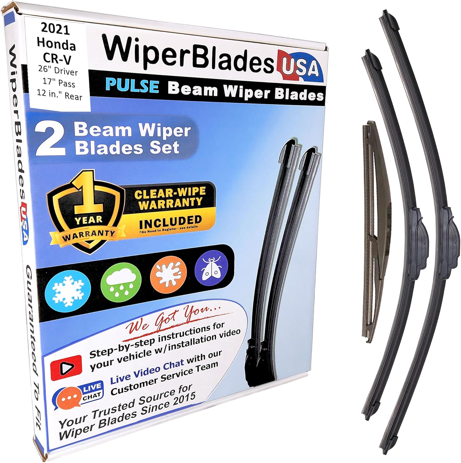 WiperBladesUSA Wiper Blades Set w/ 1yr warranty compatible with Honda CR-V 2021 Wipers (Set of 3) w/Rear Wiper Pulse Wipers