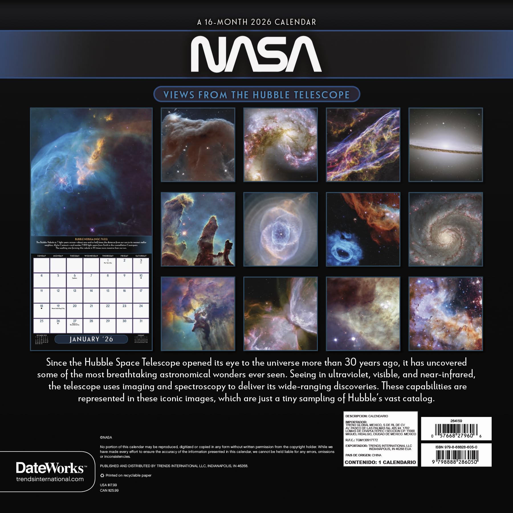 Calendrier mural 2026 NASA - Vues du télescope Hubble