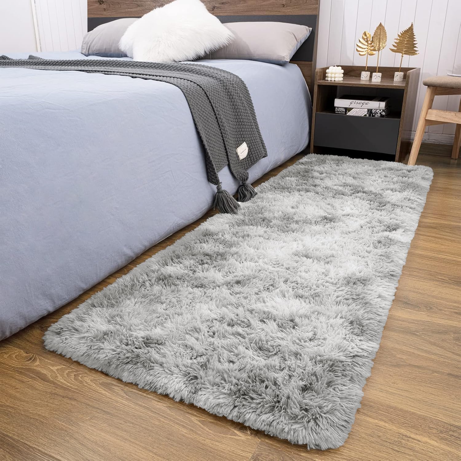 BedLooms Rugs Living Room – Tie-Dye Light Grey Area Rugs for Bedroom, Hallway Runner 60x220 cm Anti Slip – Modern Super Soft Plush Carpets Fluffy Shaggy Rug for Lounge – Non Shedding Bedside Rug