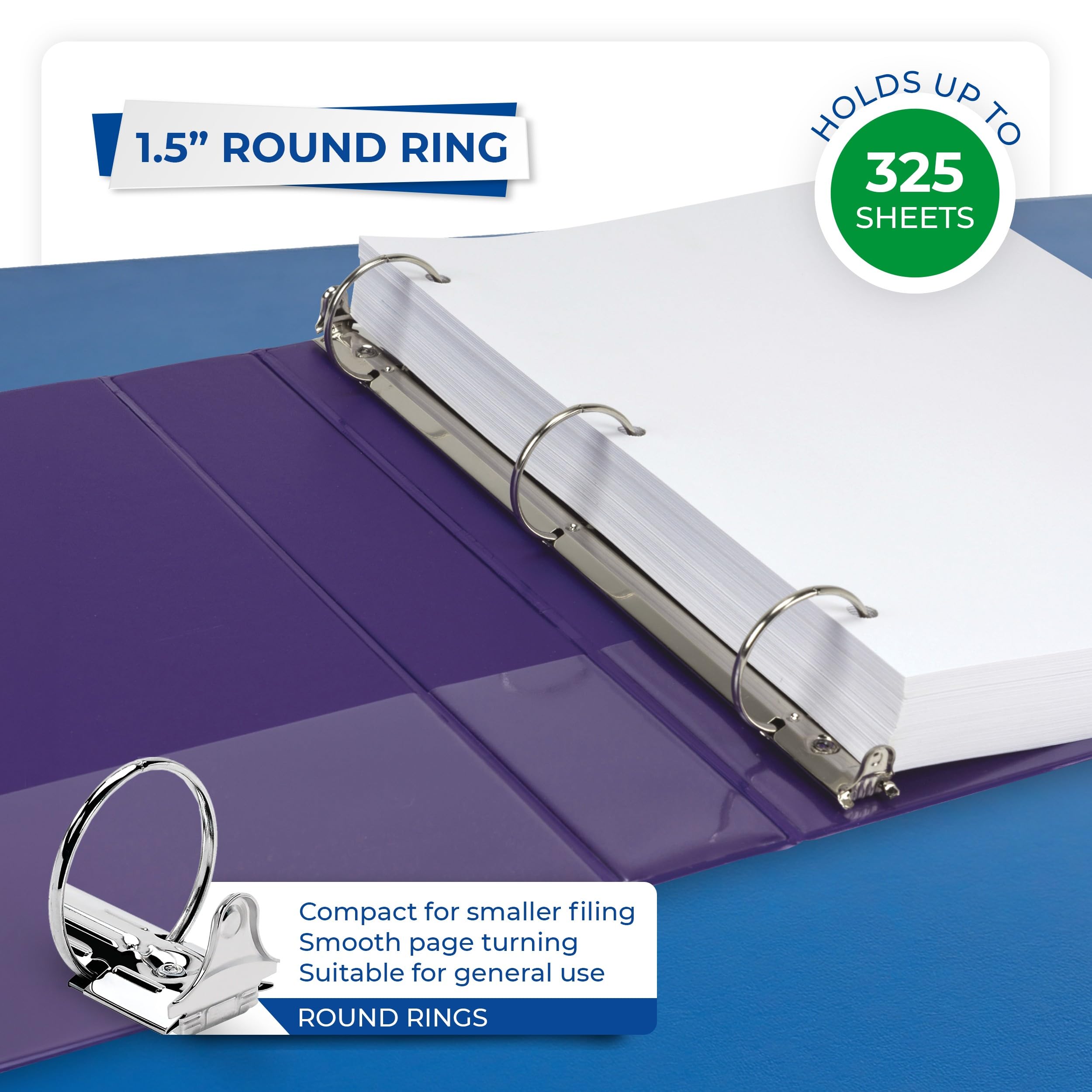 Samsill Raccoglitori a 3 anelli da 3,8 cm, realizzati negli Stati Uniti, con anello rotondo economico, copertina trasparente, capacità 325 fogli, per scuola, casa, ufficio, viola, confezione da 12