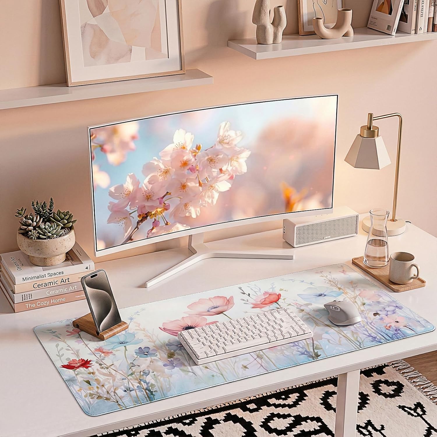Wildflower Desk Mat 35.4x15.7 Inch, Large Extended Mouse Pad with Watercolor Floral Design, Non-Slip Water-Resistant XXL Desk Pad for Women, Home Office & Aesthetic Setup image 5