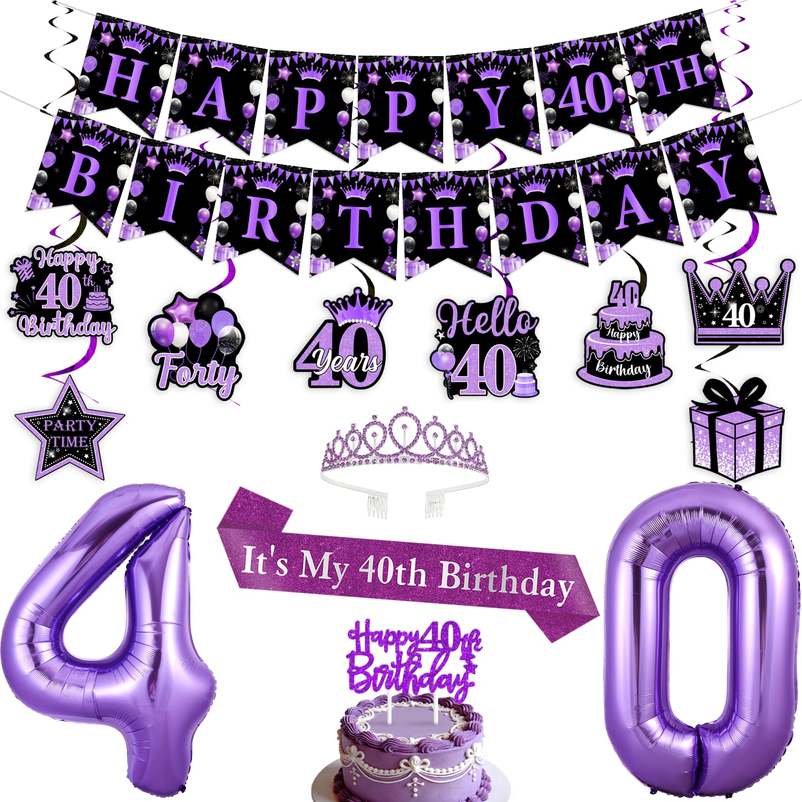Funmemoir Black and Purple 40th Birthday Decorations for Her - Purple Tiara, Sash, Hanging Swirls, Cake Topper, Foil Balloons and Banner for Women Happy 40th Birthday Party Supplies