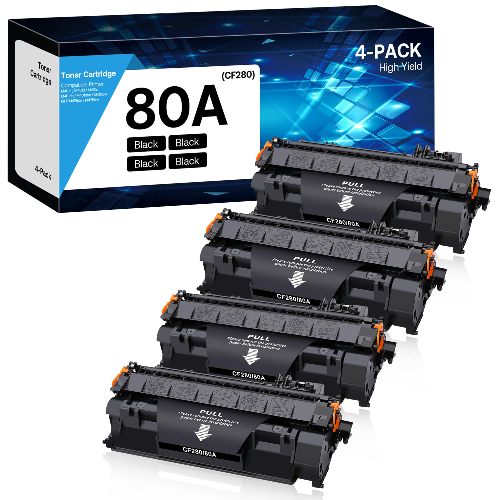 80A Toner Cartridge Black High Yield Compatible for HP 80A CF280X CF280A 80X use with HP Laserjet Pro 400 M410 M401D M401A M401N M401 Printer (Black, 4-Pack)
