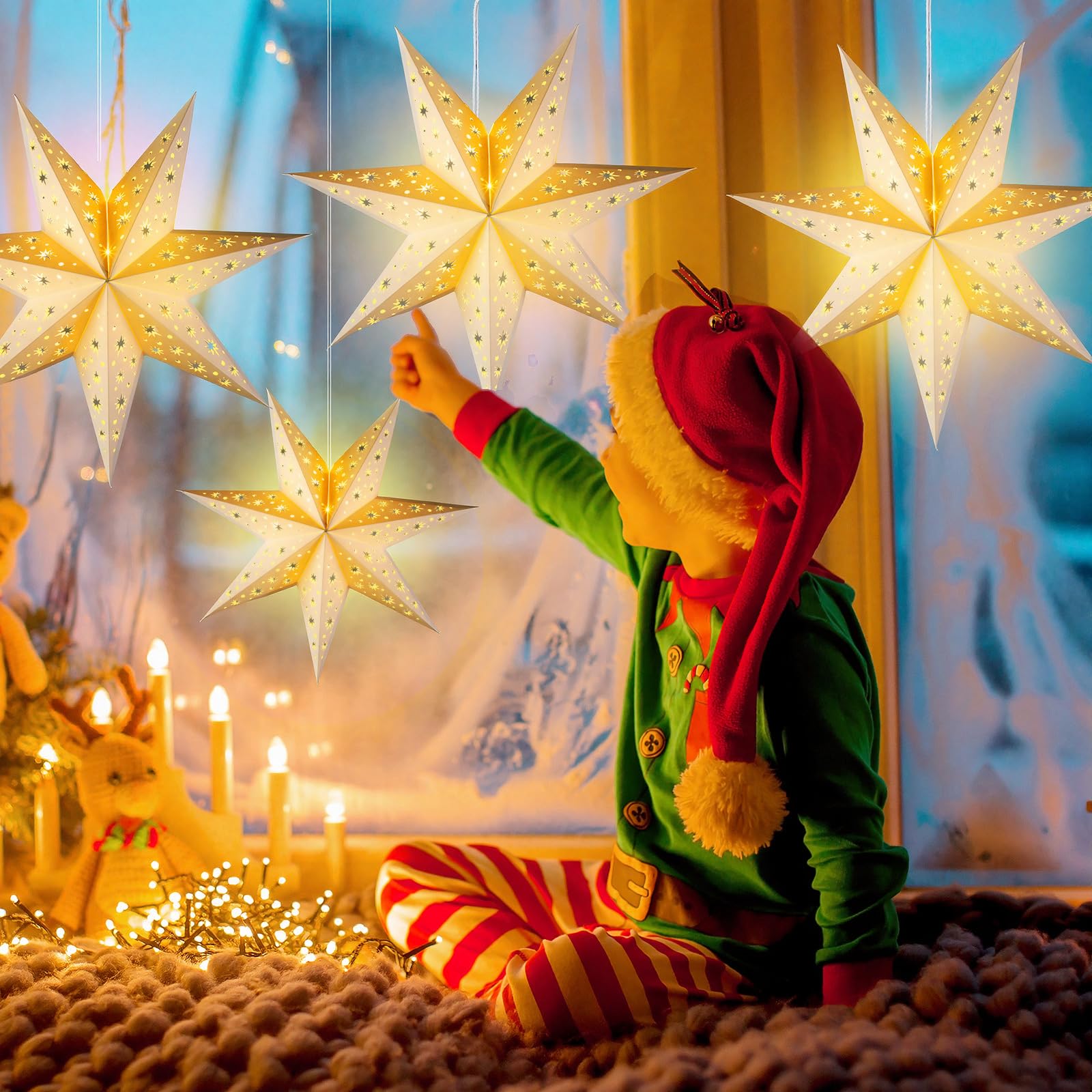Cinnvoice Weihnachtliche Papiersternlaternen, 7/8/9 Punkte, hängende Ornamente, neutrale 3D-Sternlaterne mit Lichterkette, 30,5 cm und 45,5 cm, hohler Lampenschirm für Party-Dekoration (weiß, 7