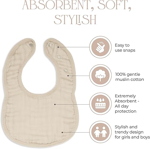 Miniatura 2 de Comfy Cubs Baberos de muselina para bebé, 100% algodón ajustable con broches fáciles, dentición y babeo, suave y absorbente