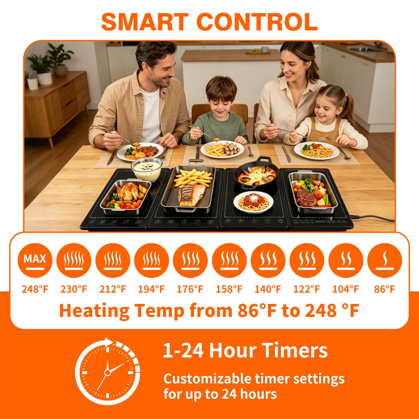 Bandeja de calentamiento eléctrica, calentadores eléctricos modulares 5 en 1 con 10 ajustes de calor y temporizador de 12 horas, alfombrilla de calentamiento de 41 x 15 pulgadas para alimentos