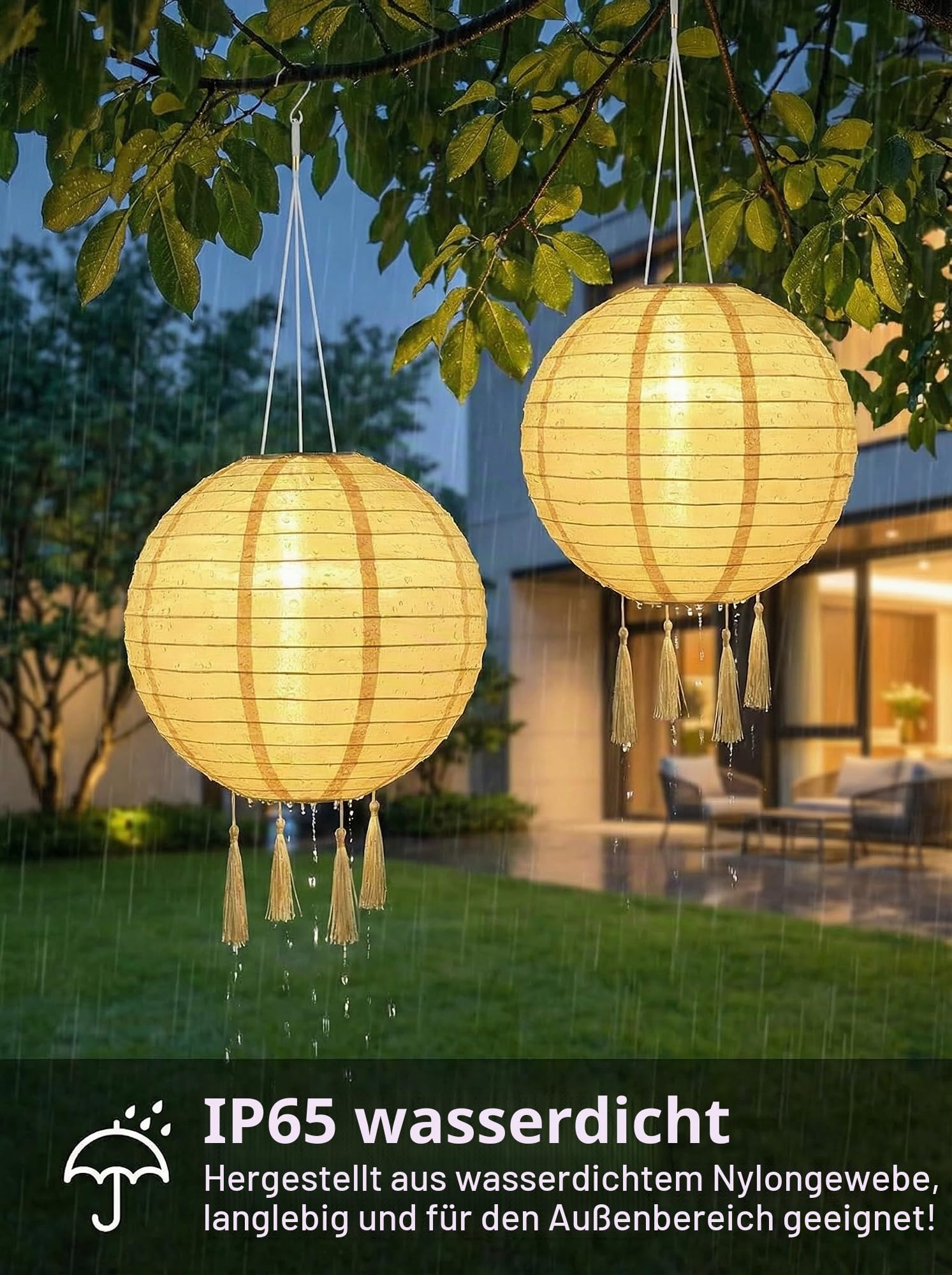 2 Stück 30CM Solar Lampions Außen Wetterfest, Warmweiß Solarlampen für Außen Hängend, Solar Lampions mit 4 Quaste, Lampions Solar Outdoor für Garten, Hof, Balkon Deko und Festdekoration Beleuchtung