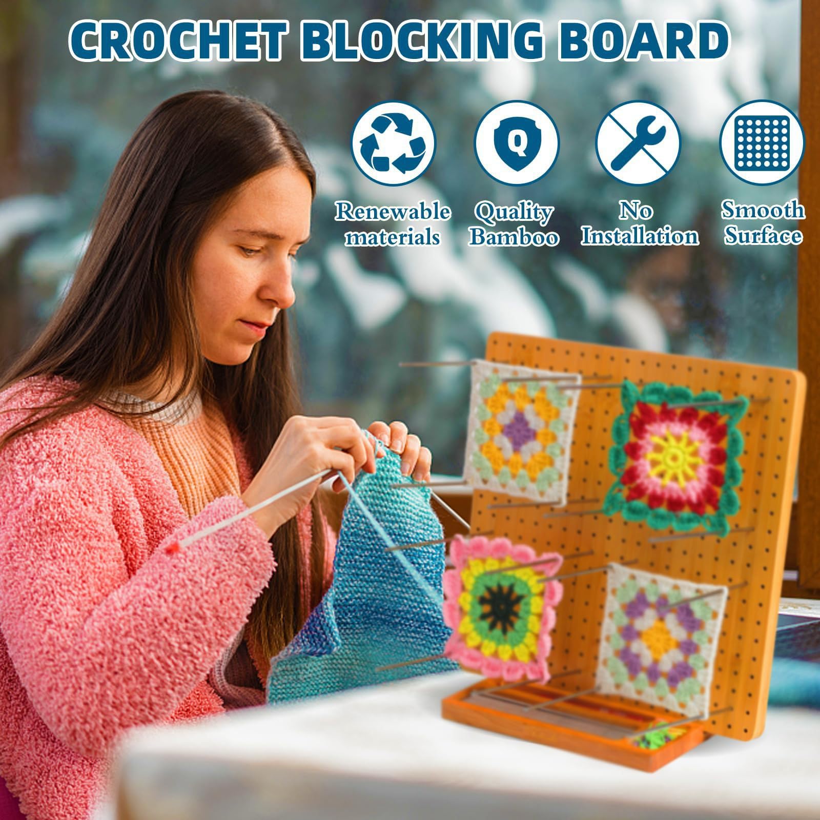 Hinourisha 11 Inch Crochet Blocking Board Handcrafted Wooden Knitting Blocking Mat for Knitting Crochet and Granny Squares, Kit with 15 Stainless Steel Rod Pins, Base Holds Pins and Hooks - Image 4
